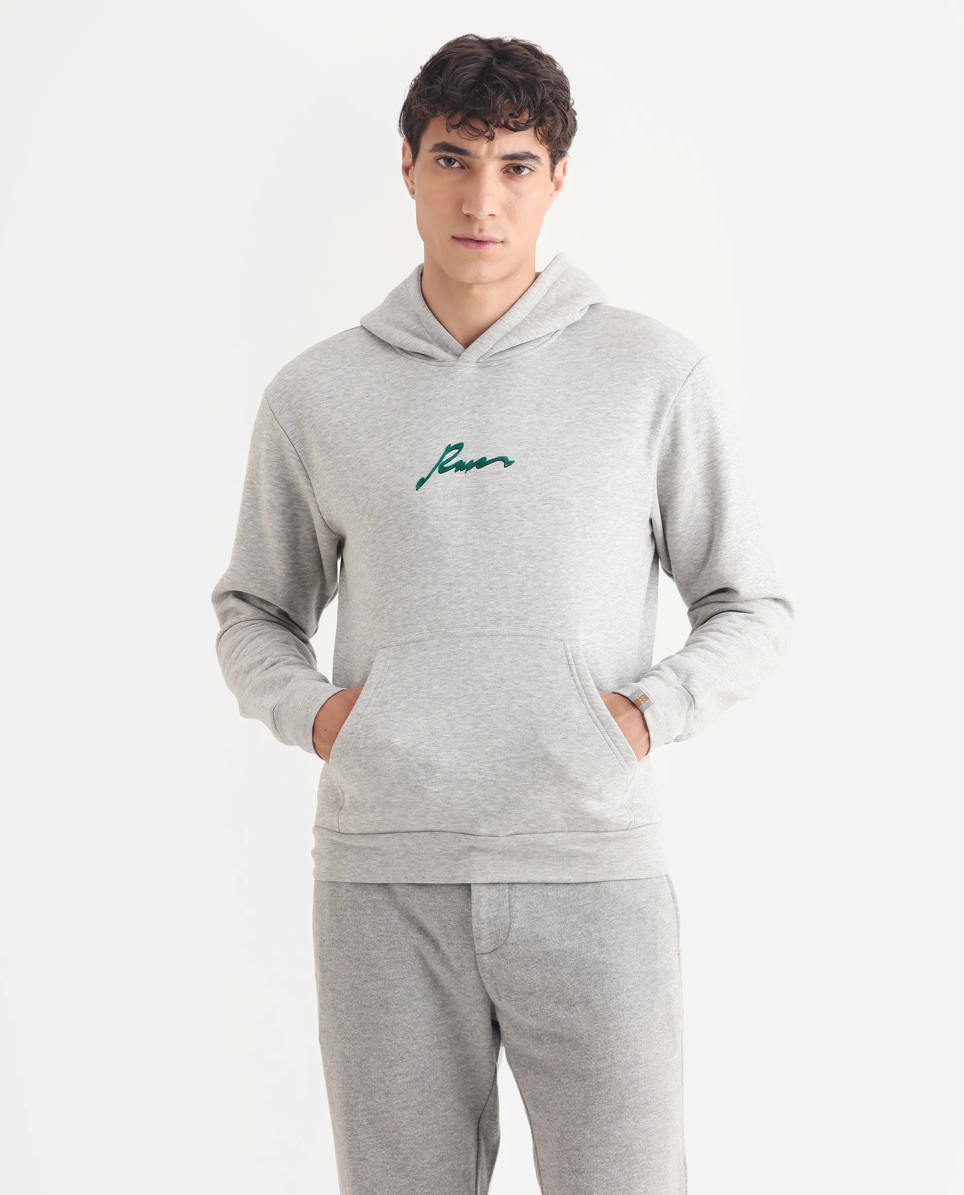 Rare Rabbit Men's Rew-2 Melange Grey Cotton Blend Graphic Print Regular Fit Full Sleeve Hooded Sweatshirt - Image 3