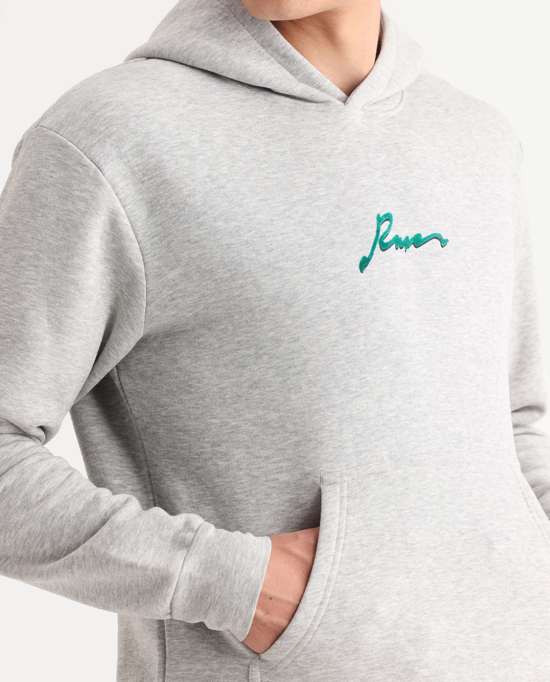 Rare Rabbit Men's Rew-2 Melange Grey Cotton Blend Graphic Print Regular Fit Full Sleeve Hooded Sweatshirt - Image 4