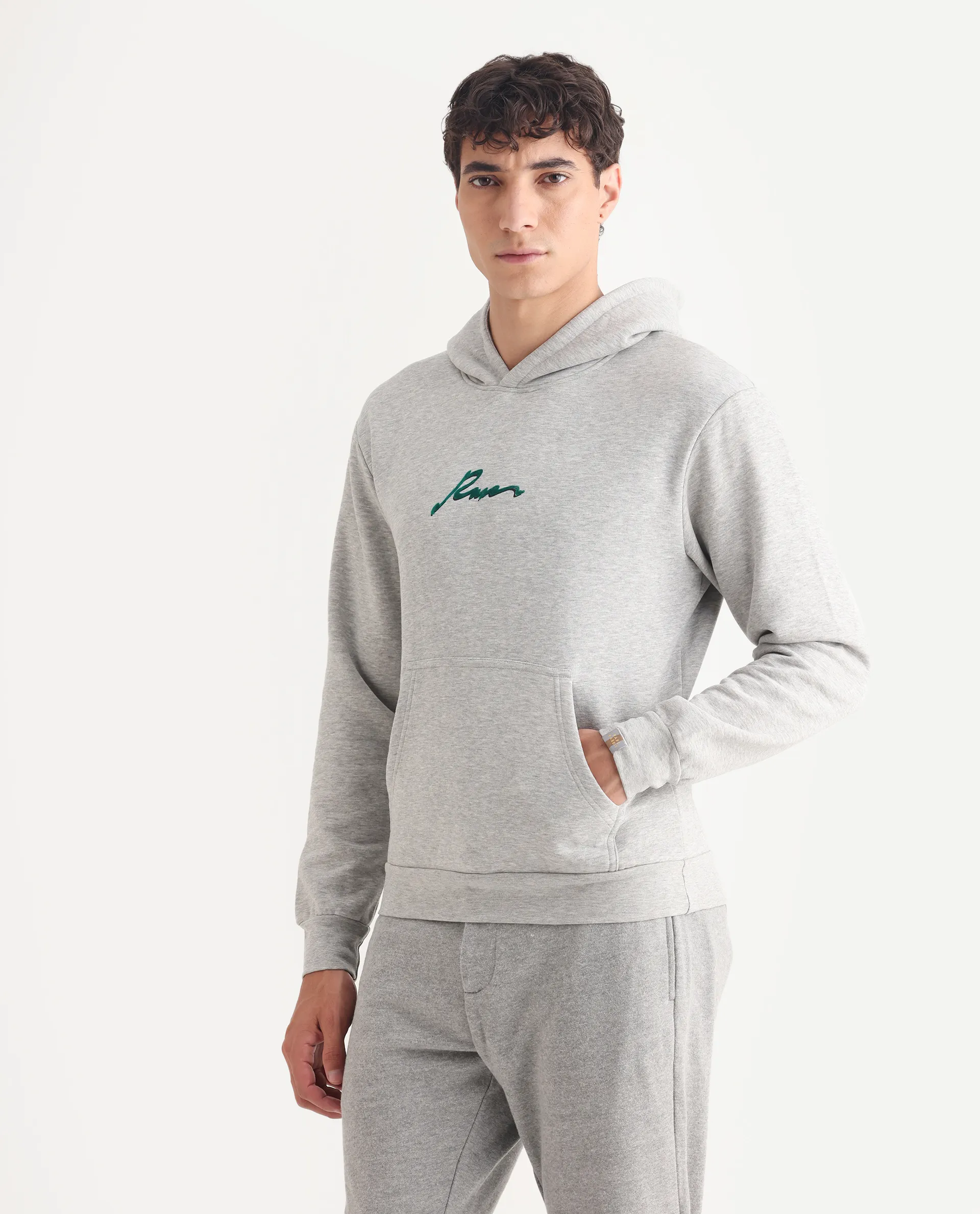 Rare Rabbit Men's Rew-2 Melange Grey Cotton Blend Graphic Print Regular Fit Full Sleeve Hooded Sweatshirt - Image 5