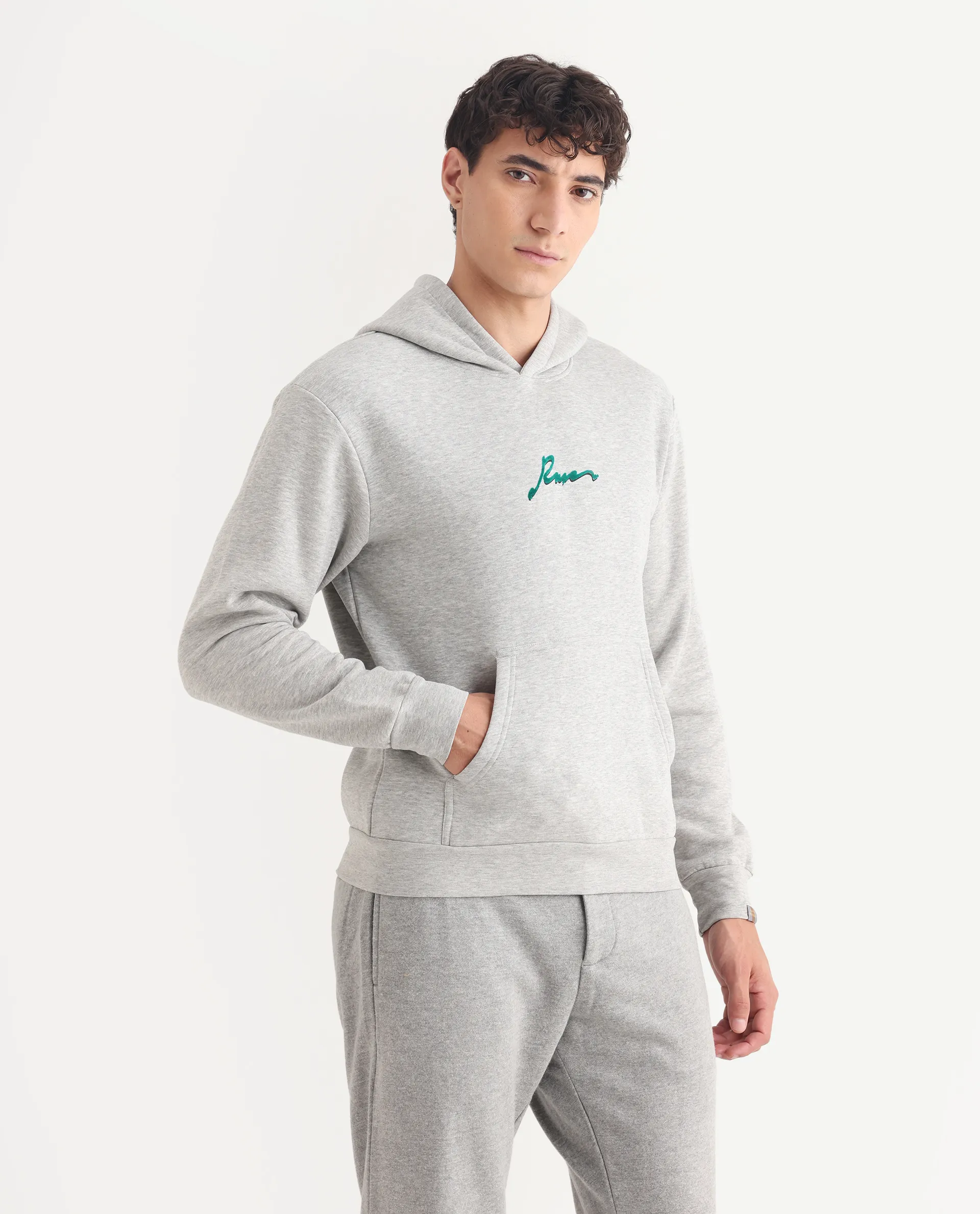 Rare Rabbit Men's Rew-2 Melange Grey Cotton Blend Graphic Print Regular Fit Full Sleeve Hooded Sweatshirt - Image 6