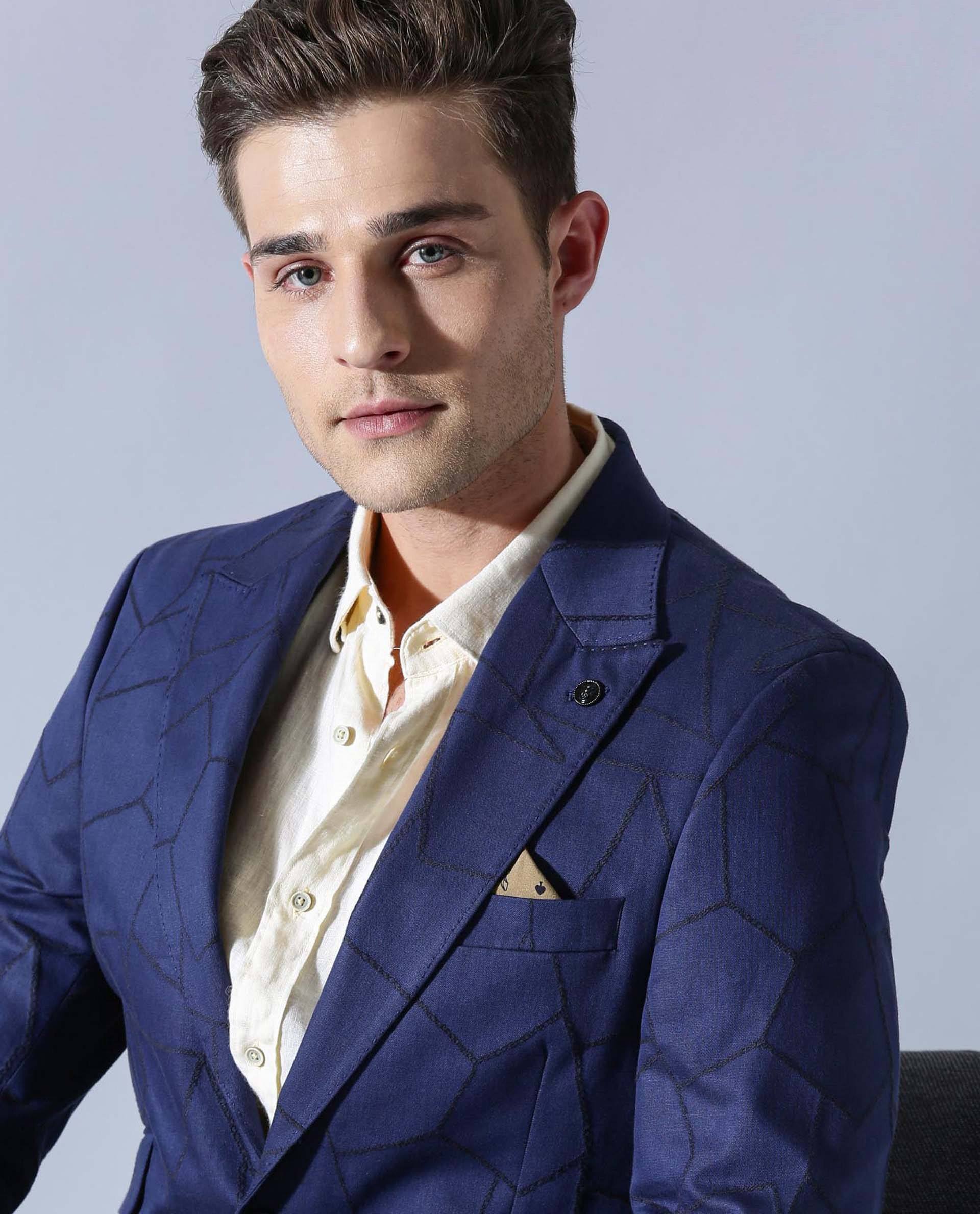 Rare Rabbit Men's Rewind Blue Cotton Tailored Fit Full Sleeve Lapel Neck Blazer