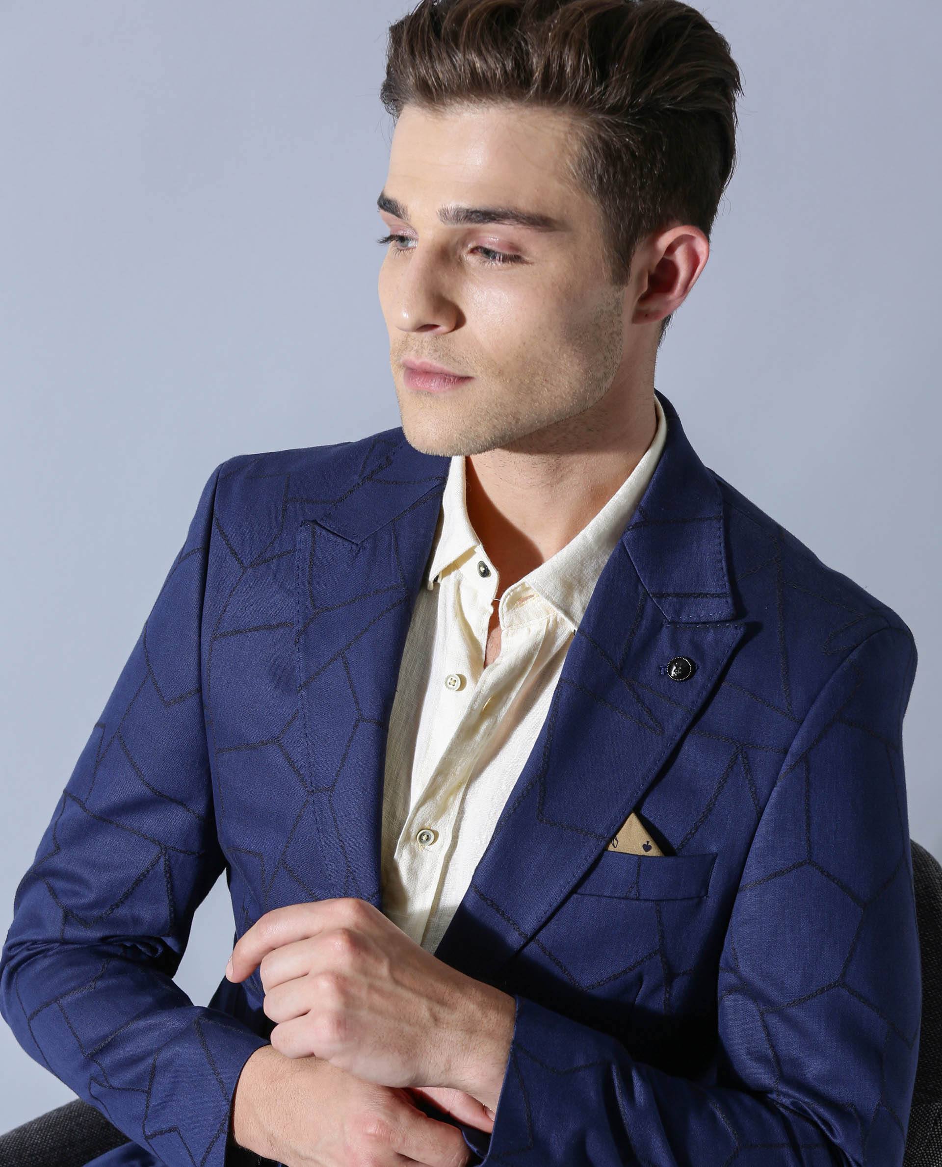 Rare Rabbit Men's Rewind Blue Cotton Tailored Fit Full Sleeve Lapel Neck Blazer - Image 2