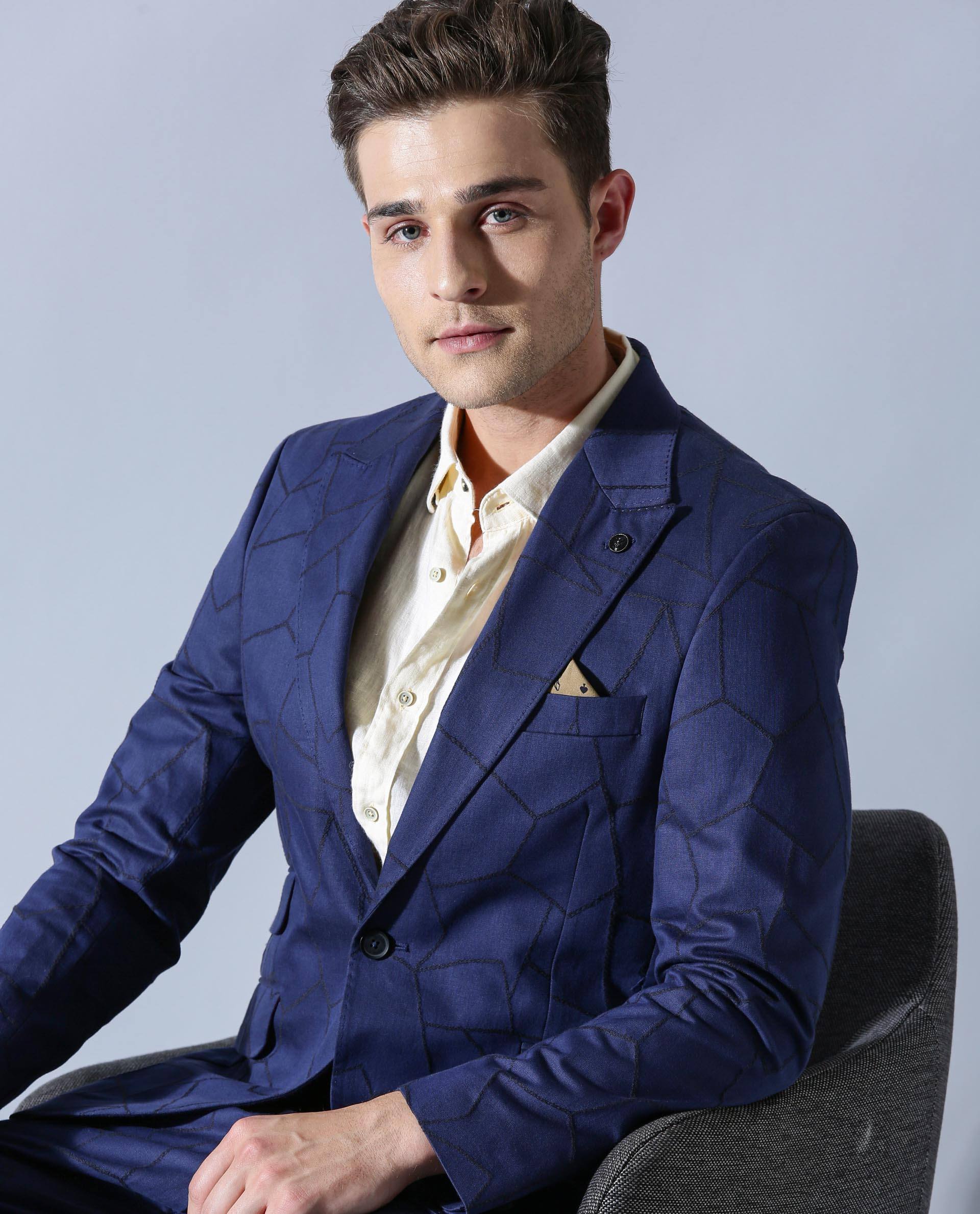 Rare Rabbit Men's Rewind Blue Cotton Tailored Fit Full Sleeve Lapel Neck Blazer - Image 3