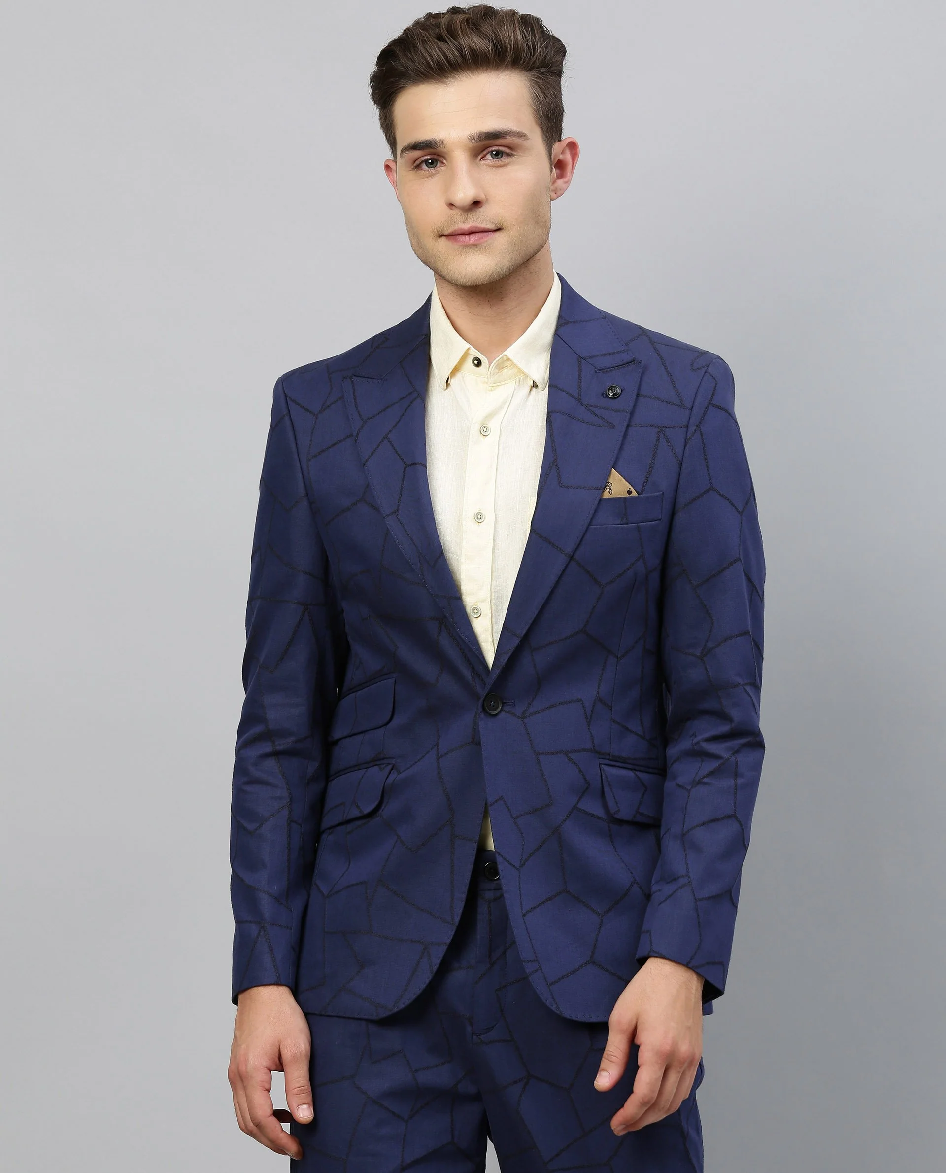 Rare Rabbit Men's Rewind Blue Cotton Tailored Fit Full Sleeve Lapel Neck Blazer - Image 5