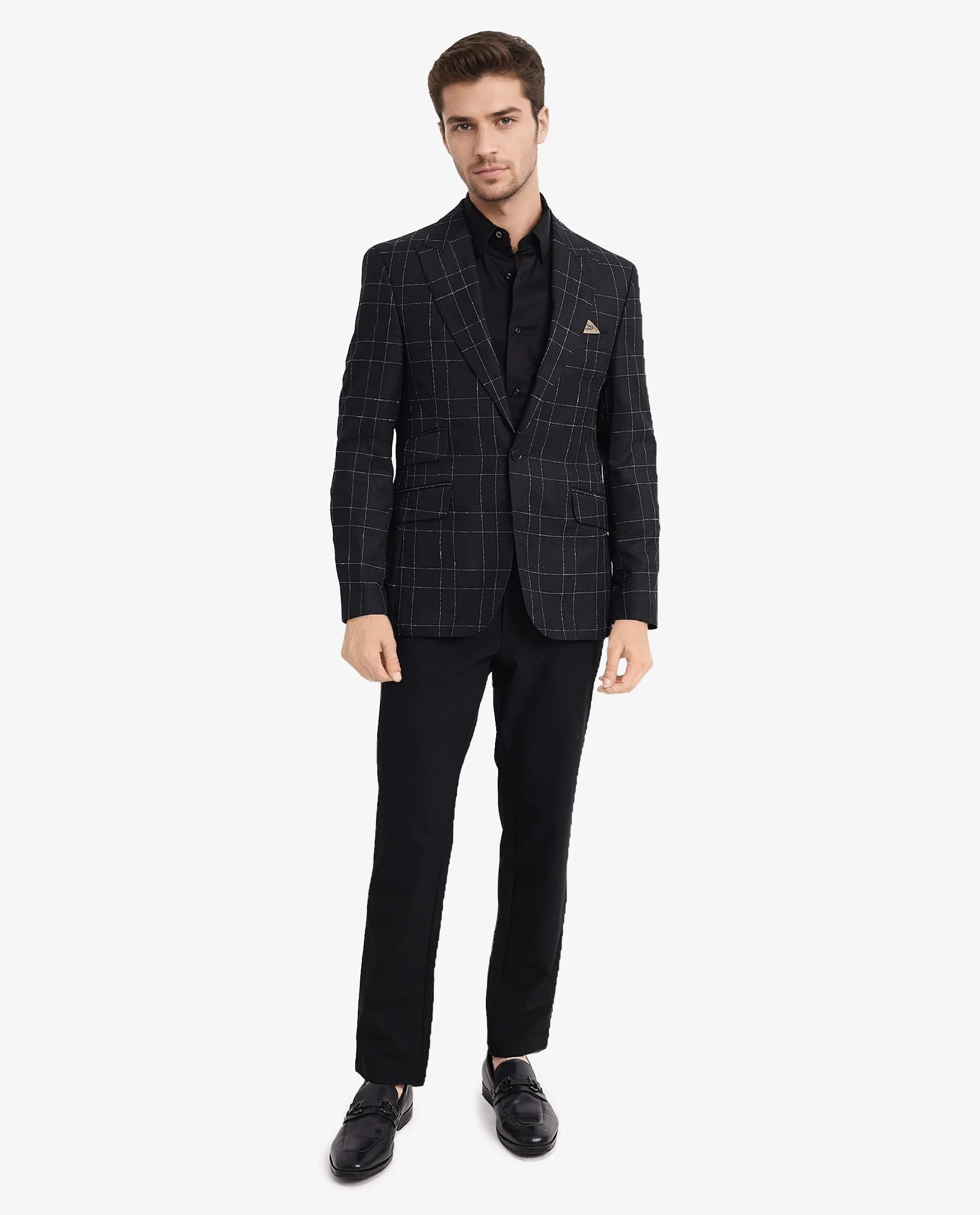 Rare Rabbit Men's Rewind Dark Navy Checked Print Tailored Fit Full Sleeve Lapel Neck Blazer - Image 2