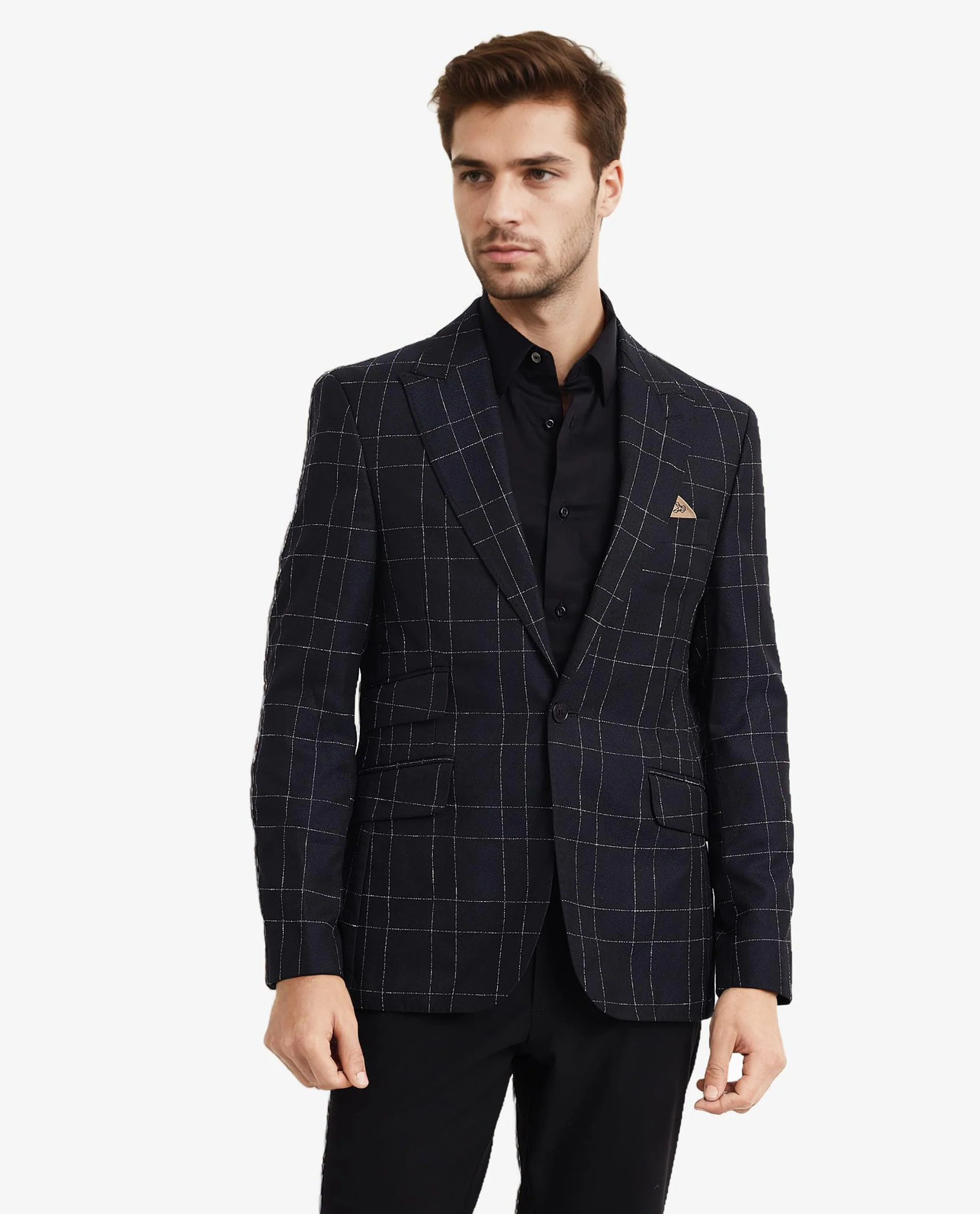 Rare Rabbit Men's Rewind Dark Navy Checked Print Tailored Fit Full Sleeve Lapel Neck Blazer - Image 3