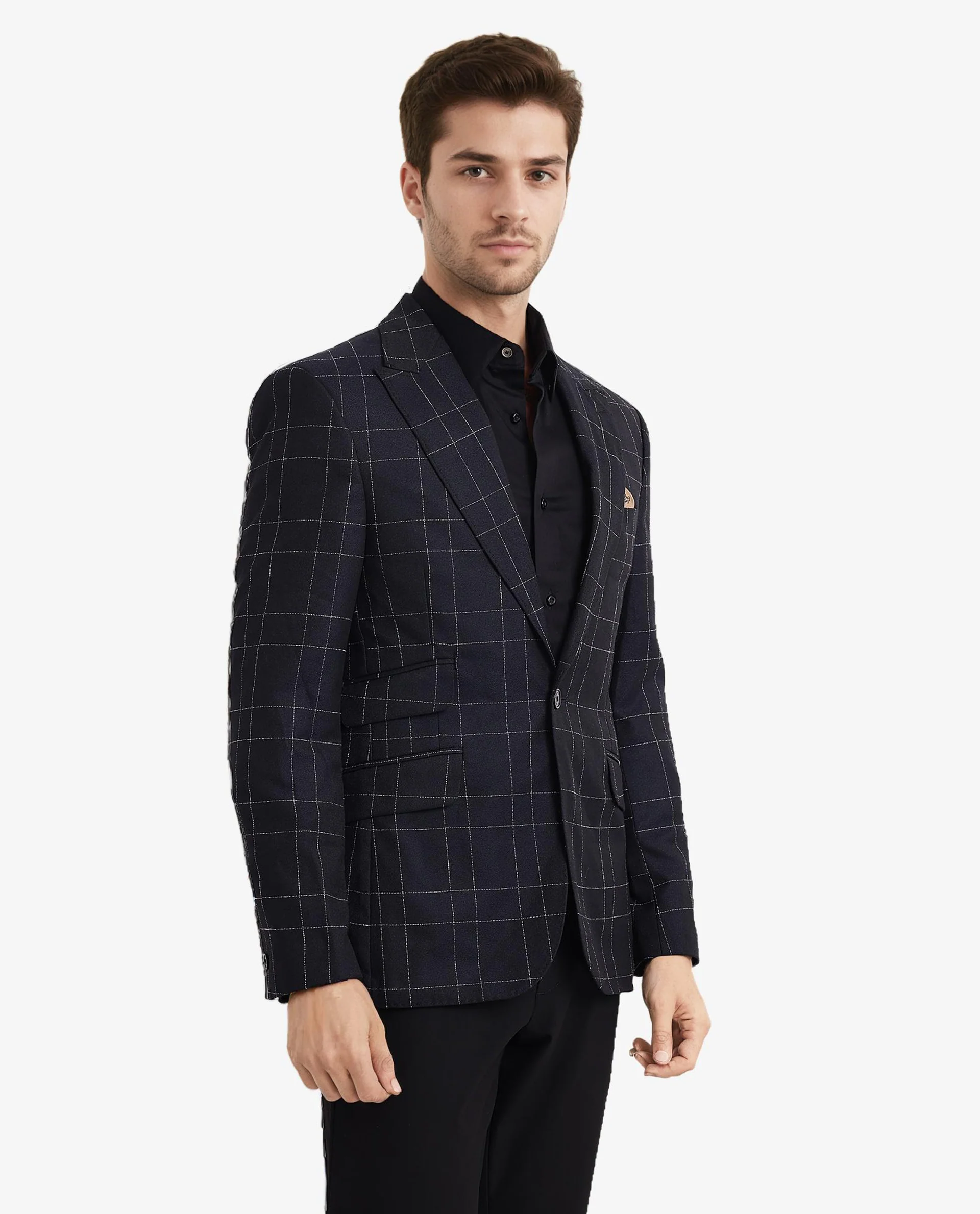 Rare Rabbit Men's Rewind Dark Navy Checked Print Tailored Fit Full Sleeve Lapel Neck Blazer - Image 6