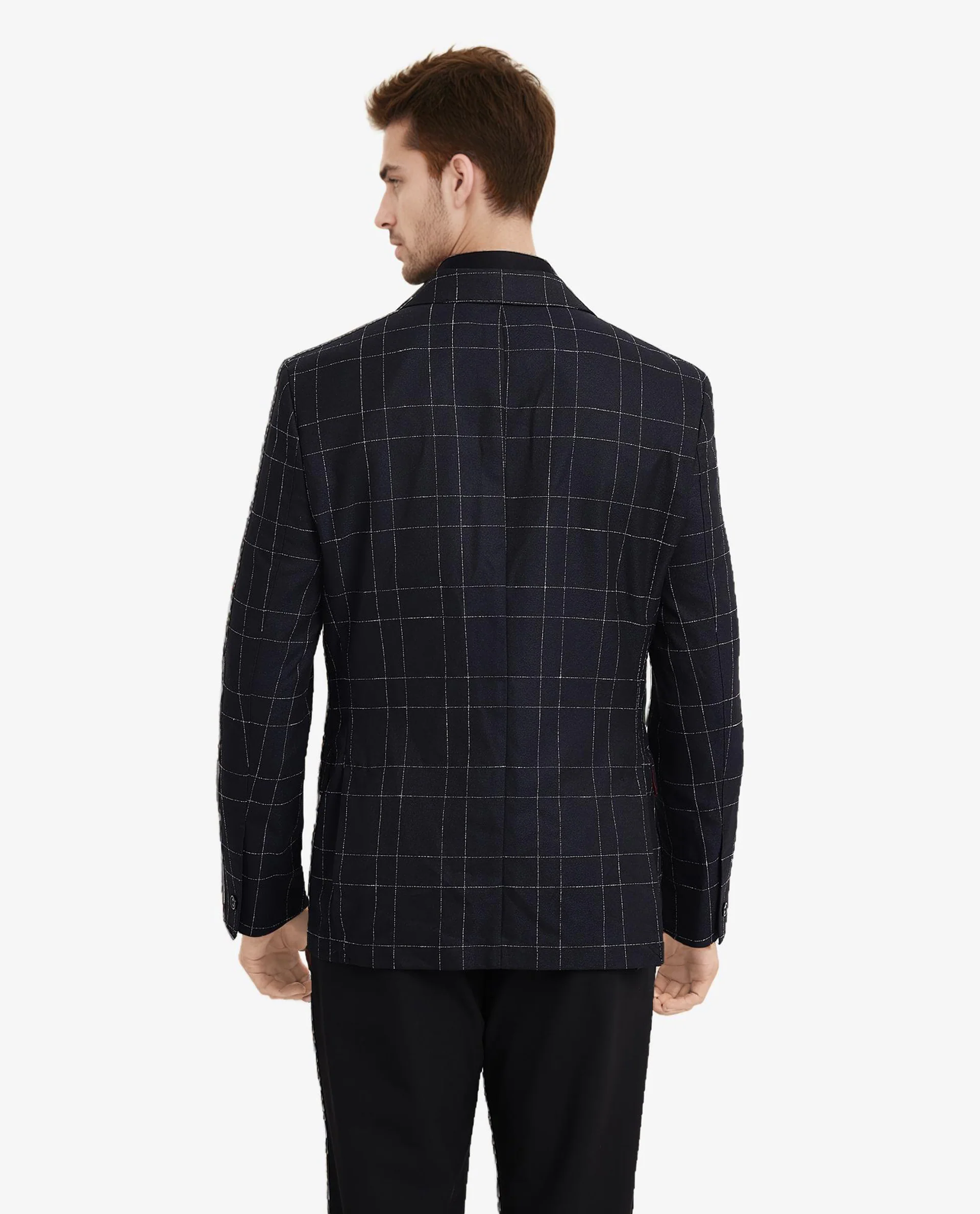 Rare Rabbit Men's Rewind Dark Navy Checked Print Tailored Fit Full Sleeve Lapel Neck Blazer - Image 7