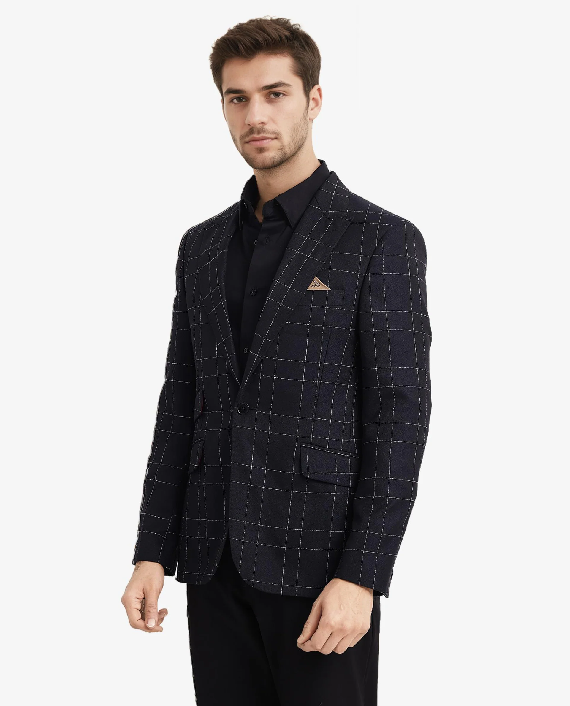 Rare Rabbit Men's Rewind Dark Navy Checked Print Tailored Fit Full Sleeve Lapel Neck Blazer - Image 8
