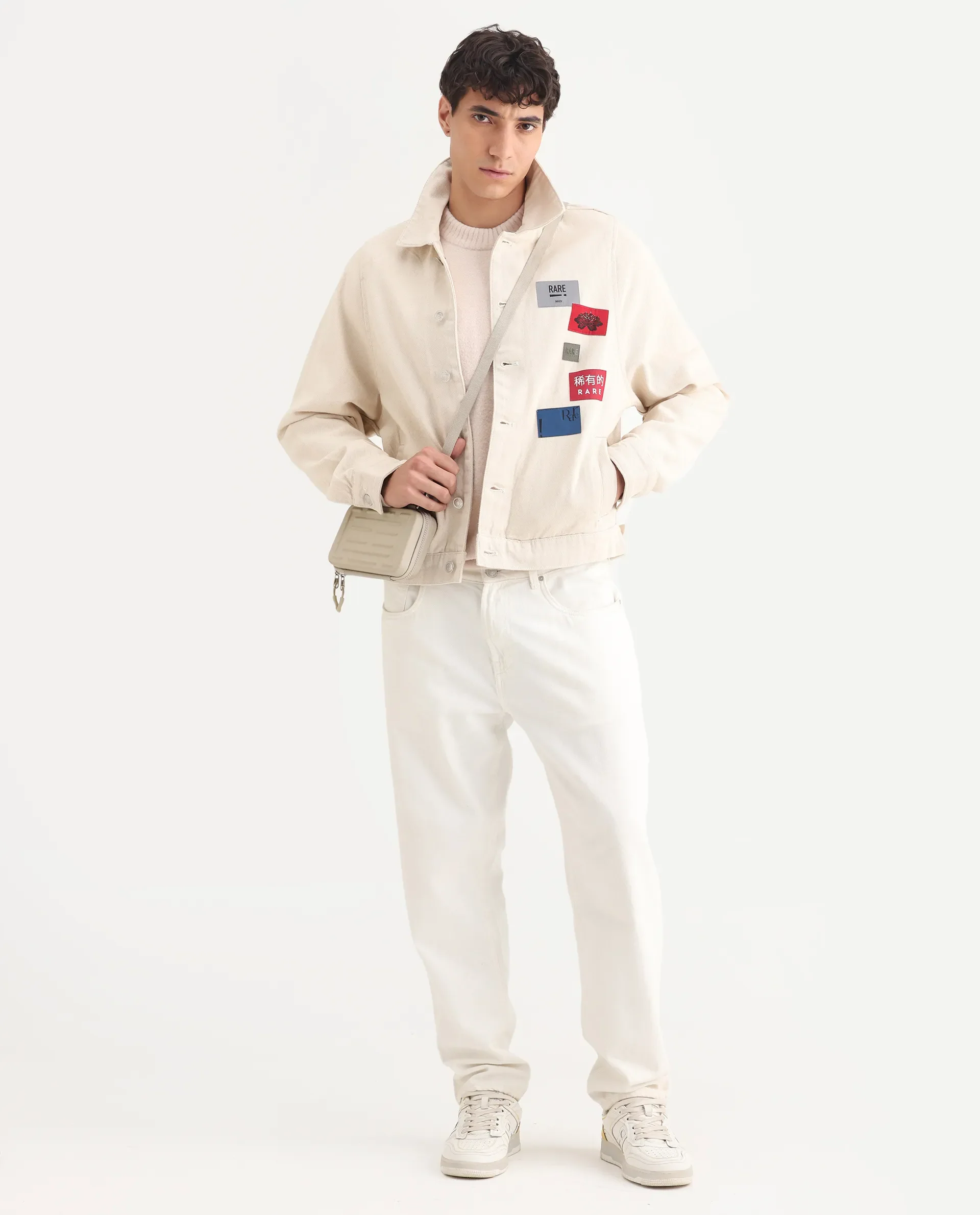 Rare Rabbit Men's Rewq Off White Cotton Label Print Relaxed Fit Full Sleeve Spread Collar Jacket