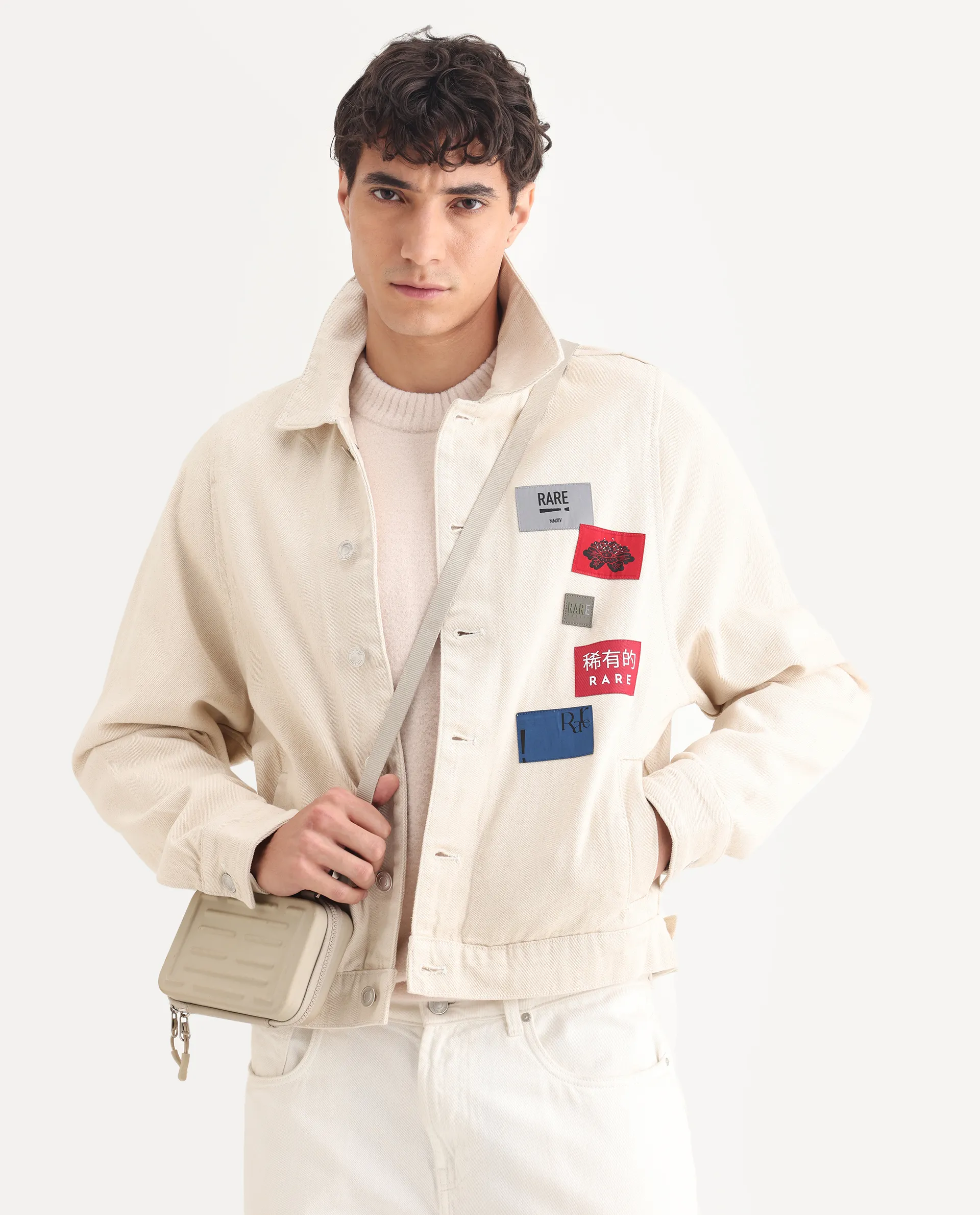 Rare Rabbit Men's Rewq Off White Cotton Label Print Relaxed Fit Full Sleeve Spread Collar Jacket - Image 2