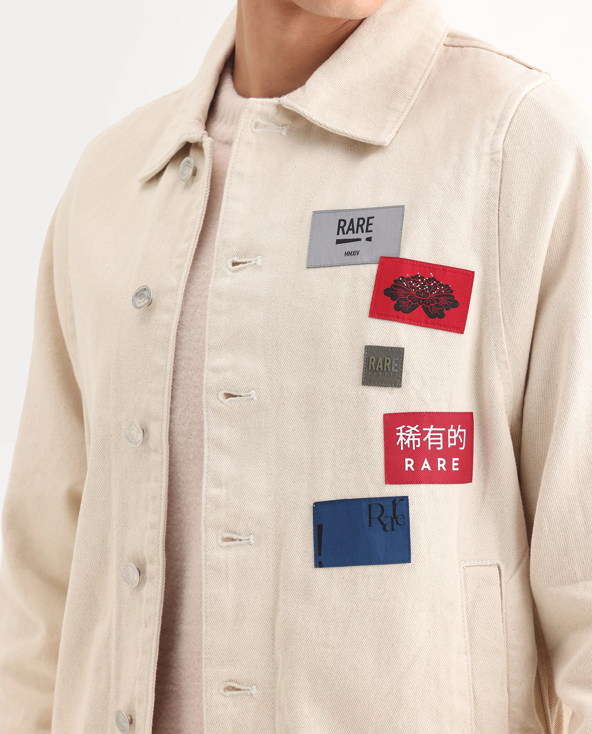 Rare Rabbit Men's Rewq Off White Cotton Label Print Relaxed Fit Full Sleeve Spread Collar Jacket - Image 3
