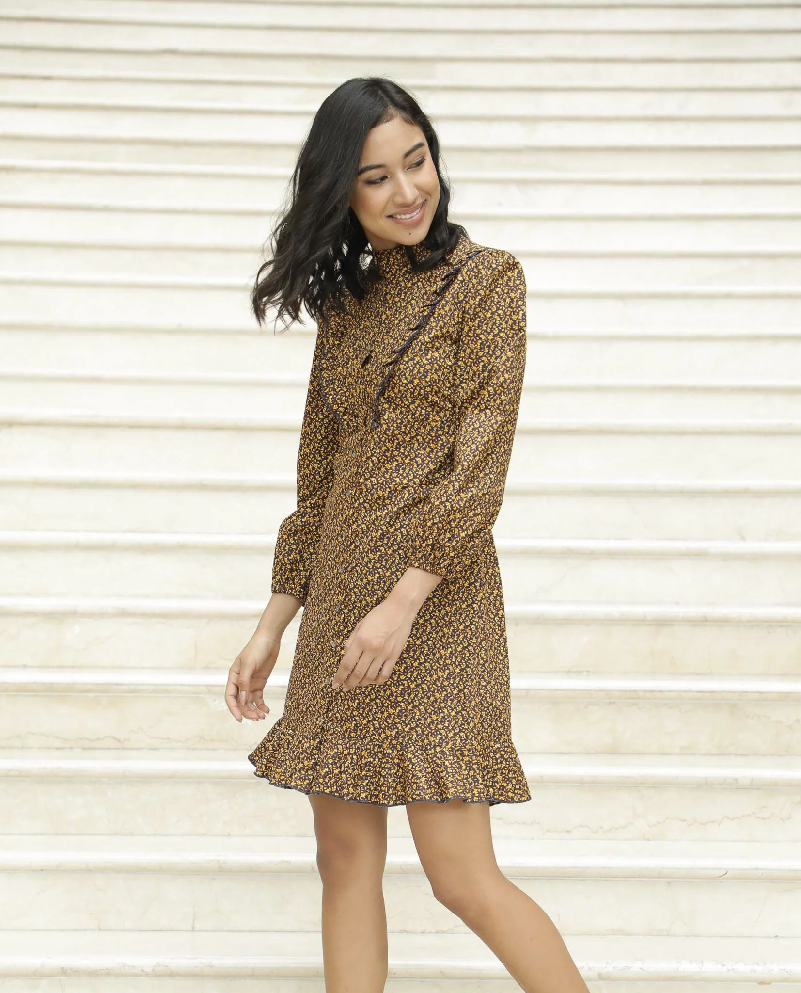 Rareism Women's Rex Yellow Cotton Mandarin Collar Floral Print Knee Length Slim Fit Dress - Image 2