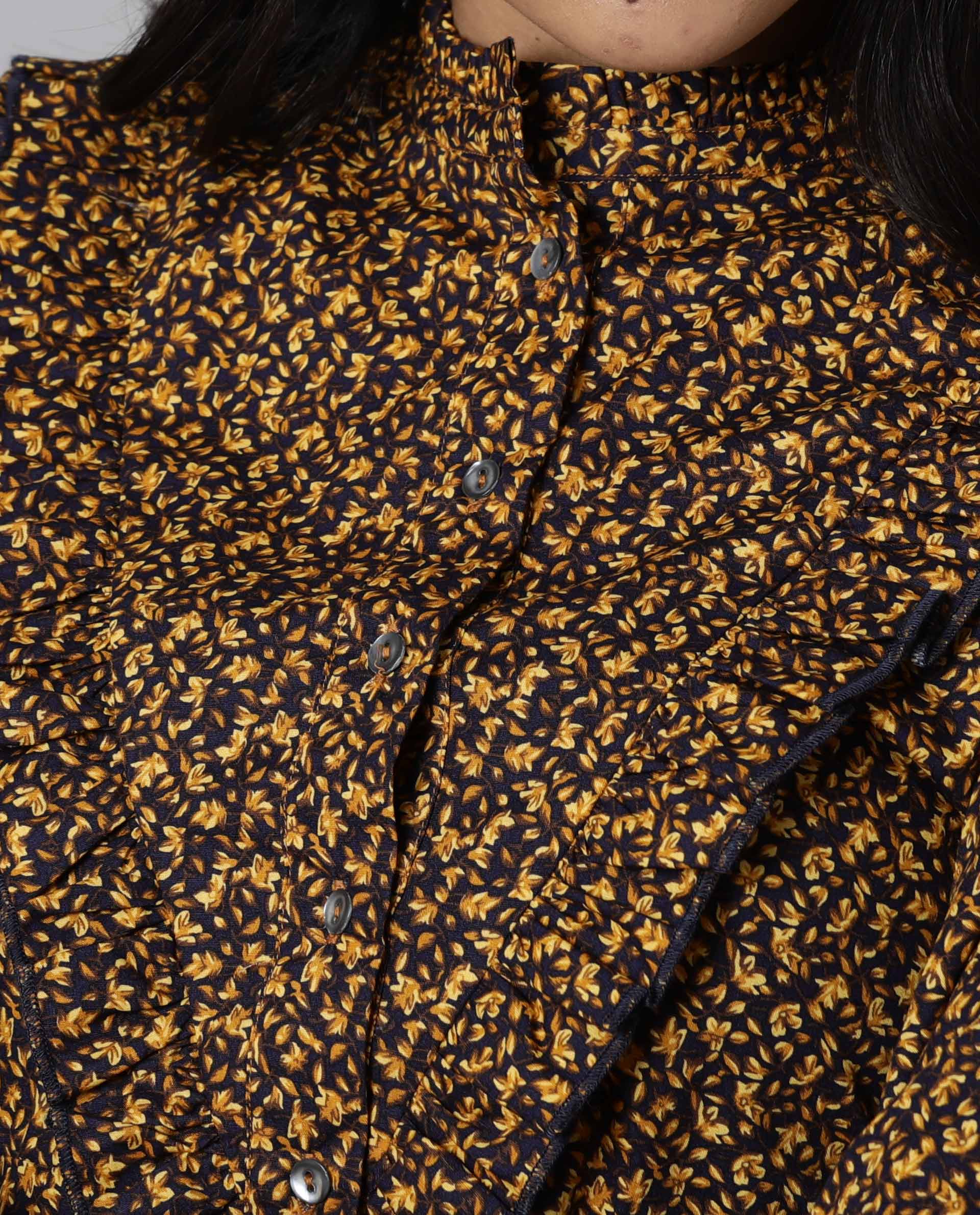 Rareism Women's Rex Yellow Cotton Mandarin Collar Floral Print Knee Length Slim Fit Dress - Image 3