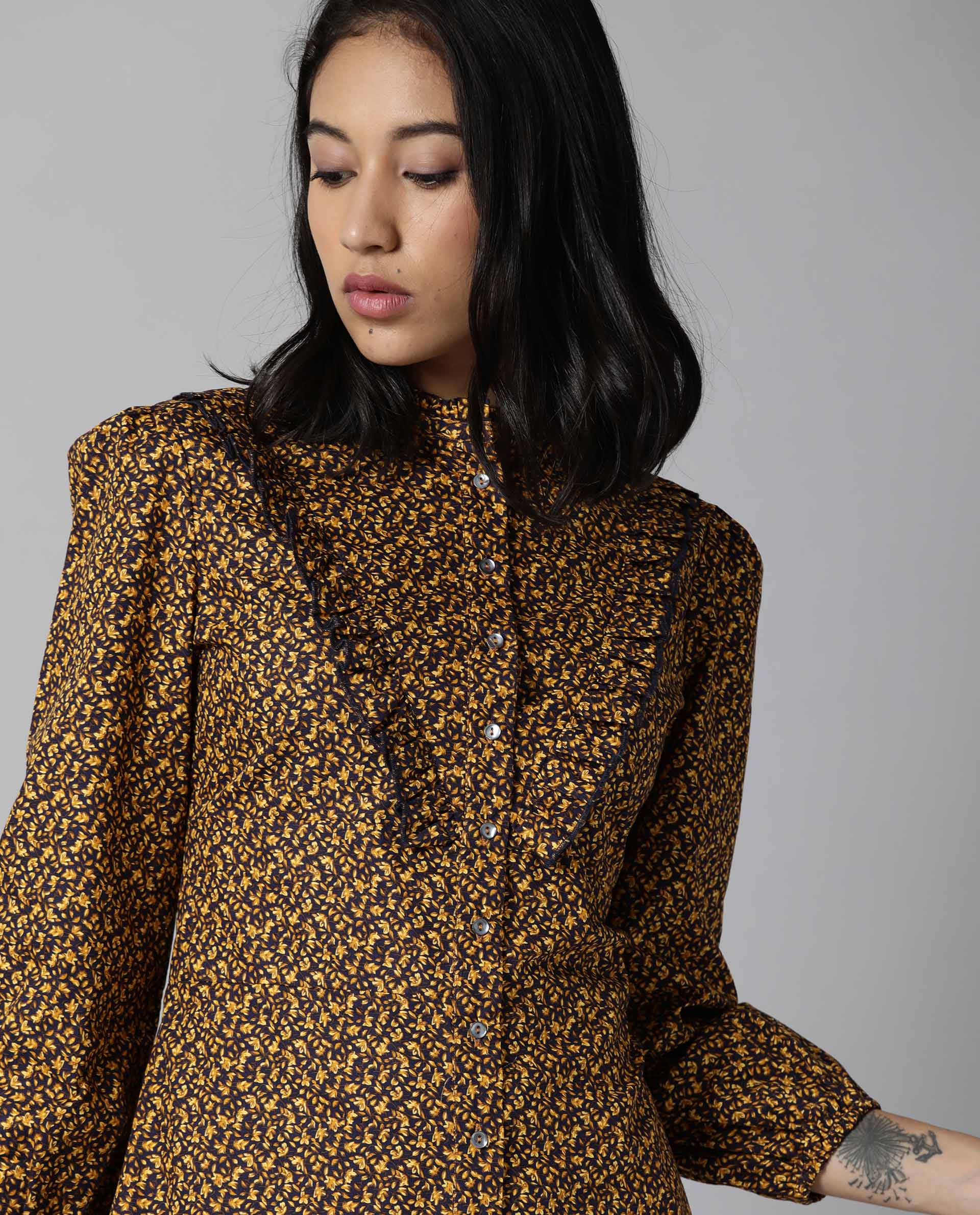 Rareism Women's Rex Yellow Cotton Mandarin Collar Floral Print Knee Length Slim Fit Dress - Image 6