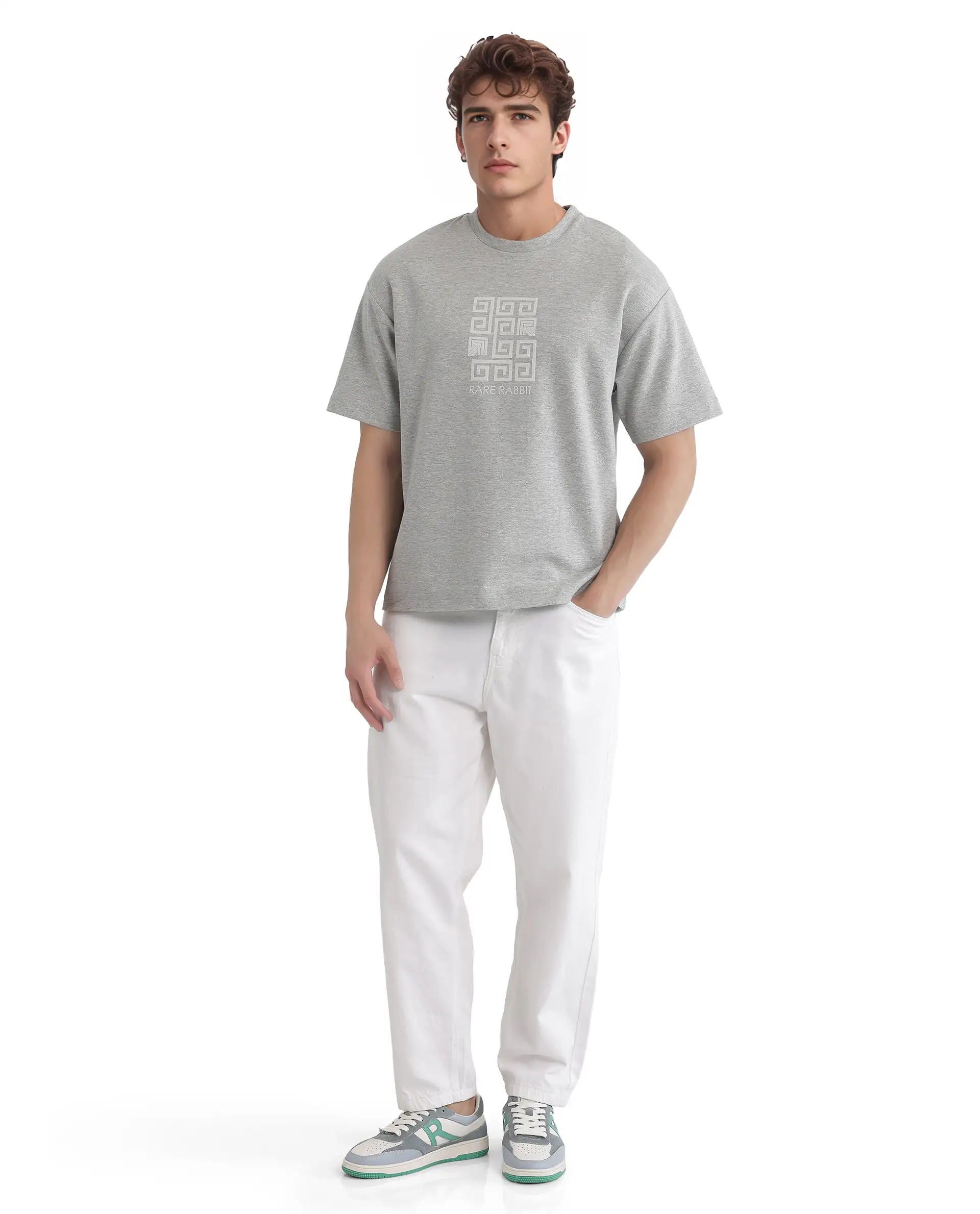 Rare Rabbit Men's Rexo Melange Grey Cotton Blend Graphic Print Oversized Fit Half Sleeve Crew Neck T-Shirt - Image 2
