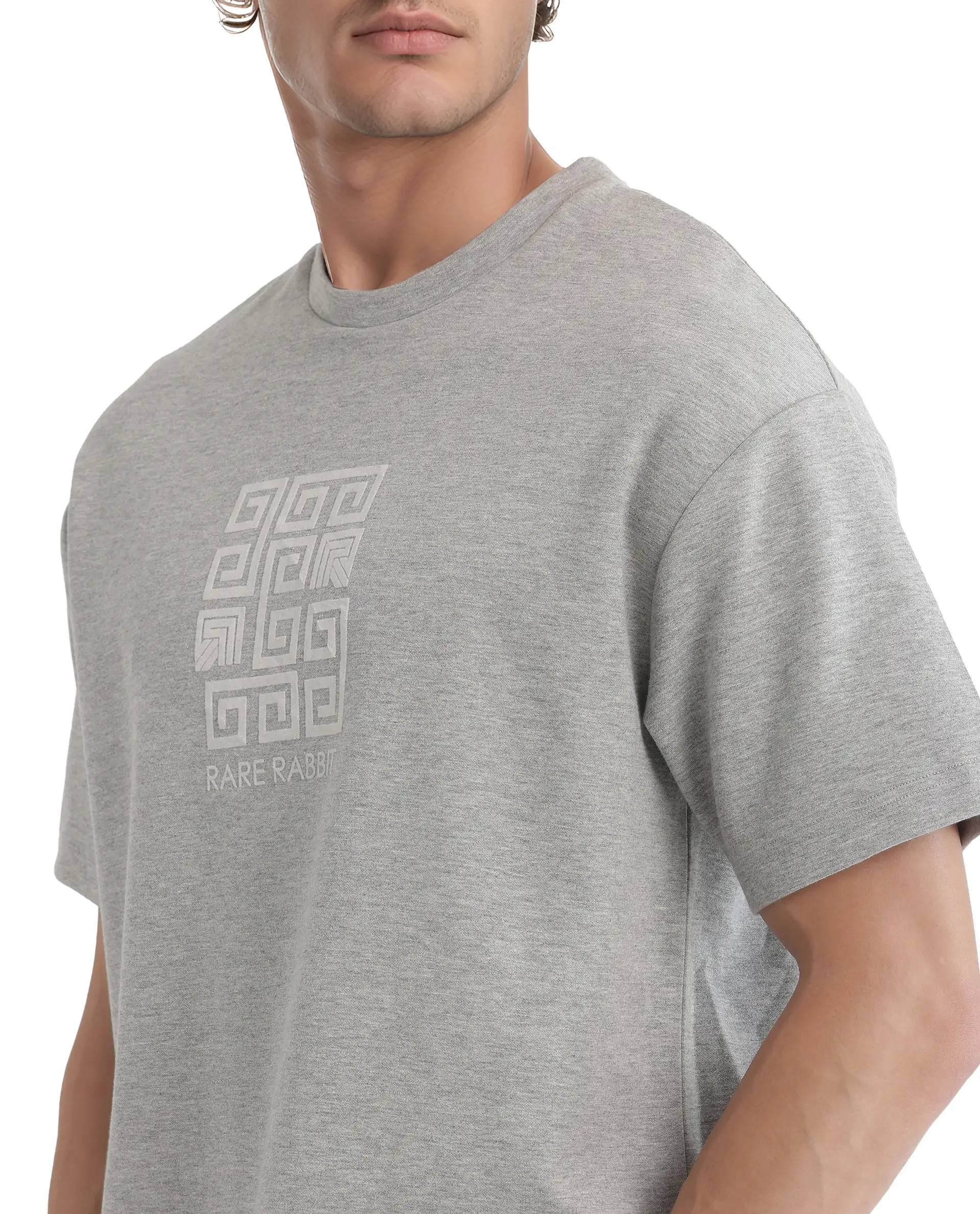 Rare Rabbit Men's Rexo Melange Grey Cotton Blend Graphic Print Oversized Fit Half Sleeve Crew Neck T-Shirt - Image 3