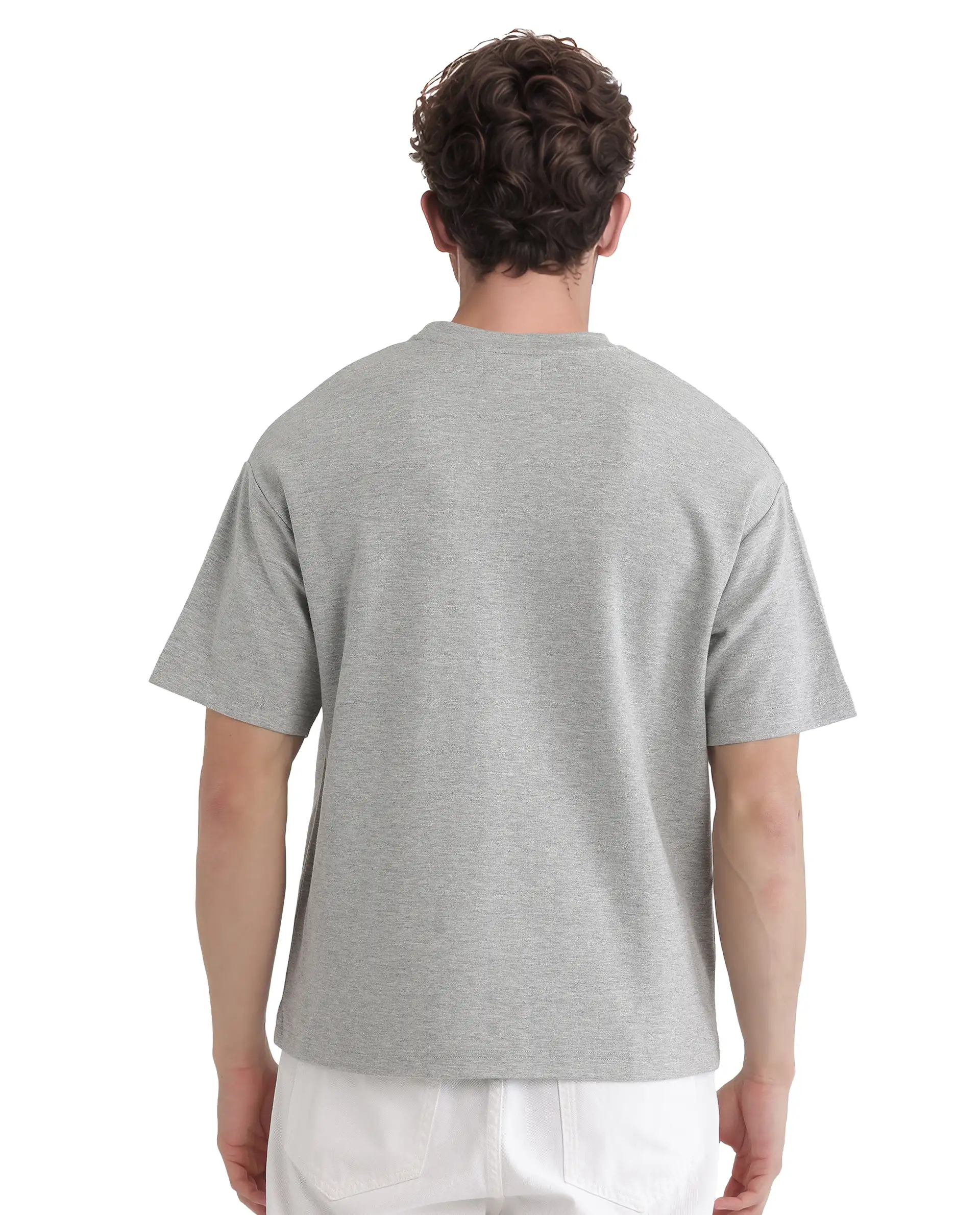 Rare Rabbit Men's Rexo Melange Grey Cotton Blend Graphic Print Oversized Fit Half Sleeve Crew Neck T-Shirt - Image 4
