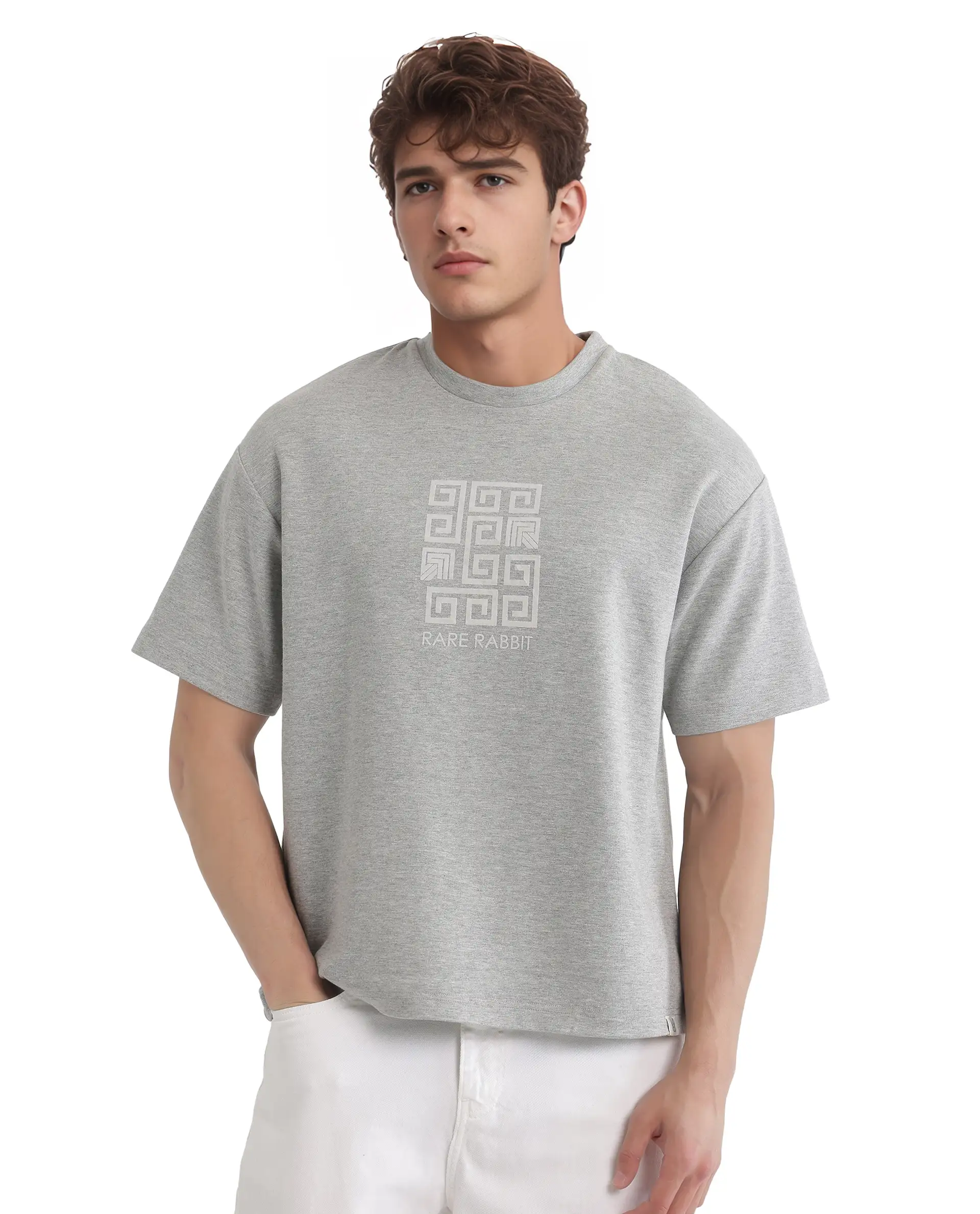 Rare Rabbit Men's Rexo Melange Grey Cotton Blend Graphic Print Oversized Fit Half Sleeve Crew Neck T-Shirt - Image 5