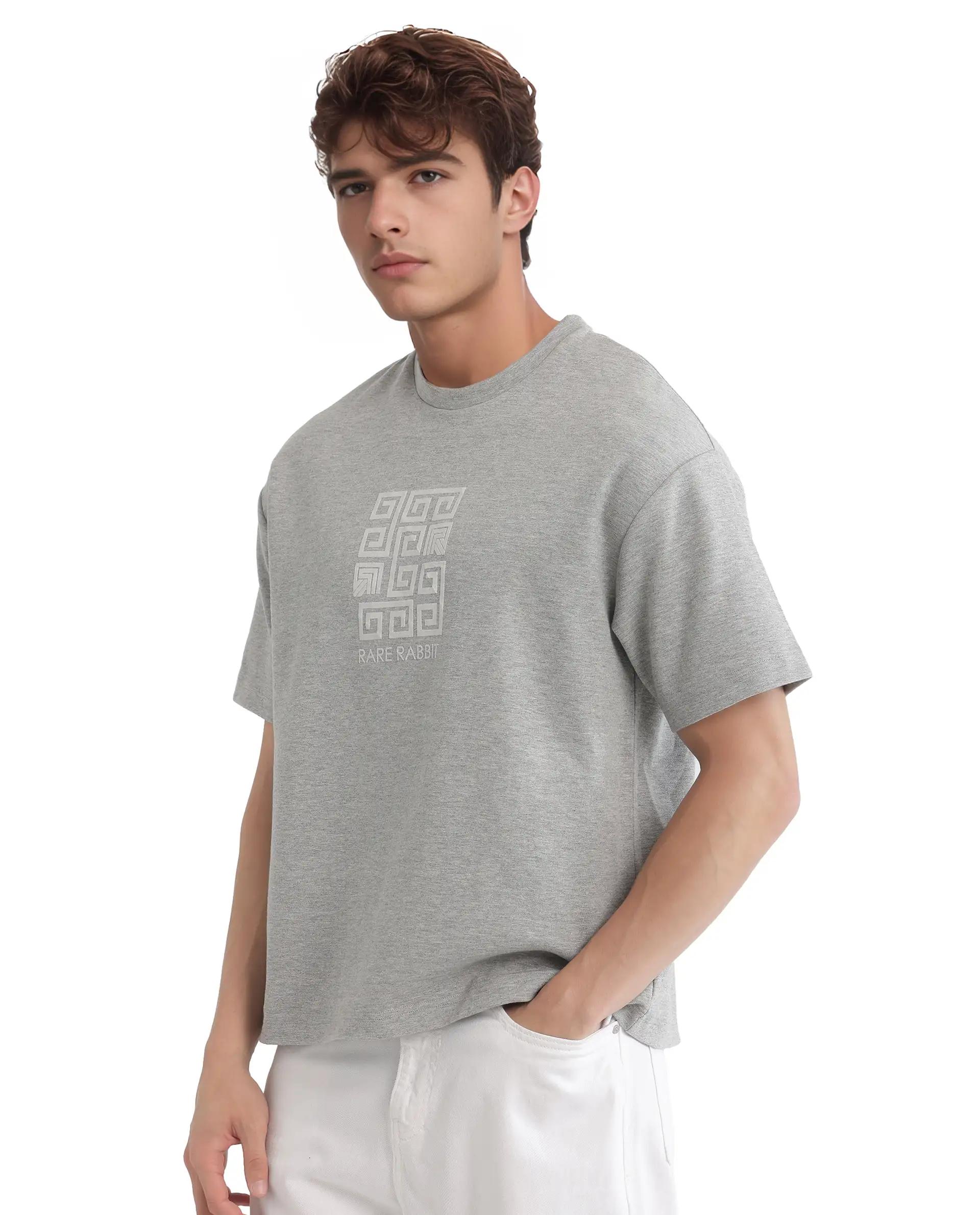 Rare Rabbit Men's Rexo Melange Grey Cotton Blend Graphic Print Oversized Fit Half Sleeve Crew Neck T-Shirt - Image 6