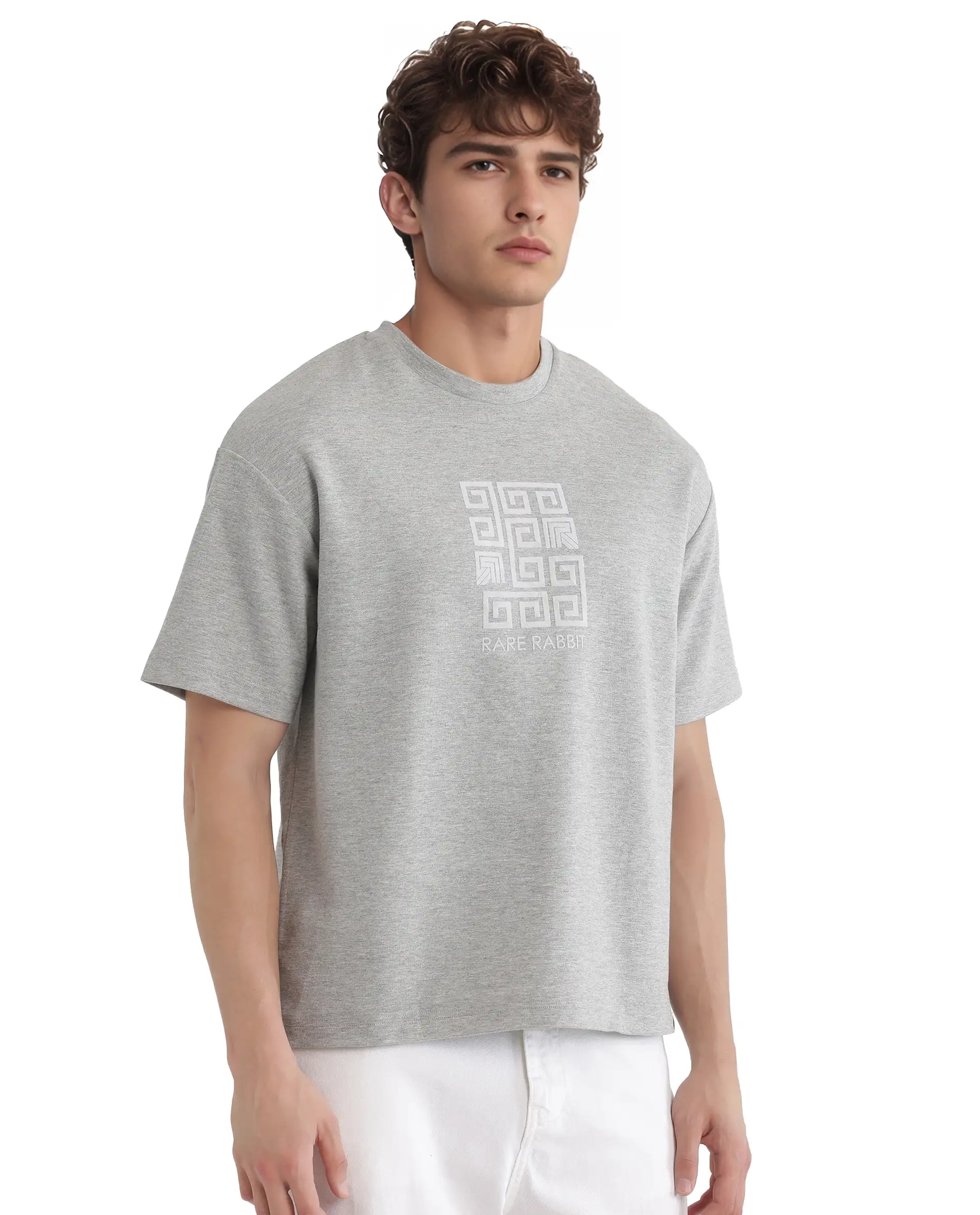 Rare Rabbit Men's Rexo Melange Grey Cotton Blend Graphic Print Oversized Fit Half Sleeve Crew Neck T-Shirt - Image 7