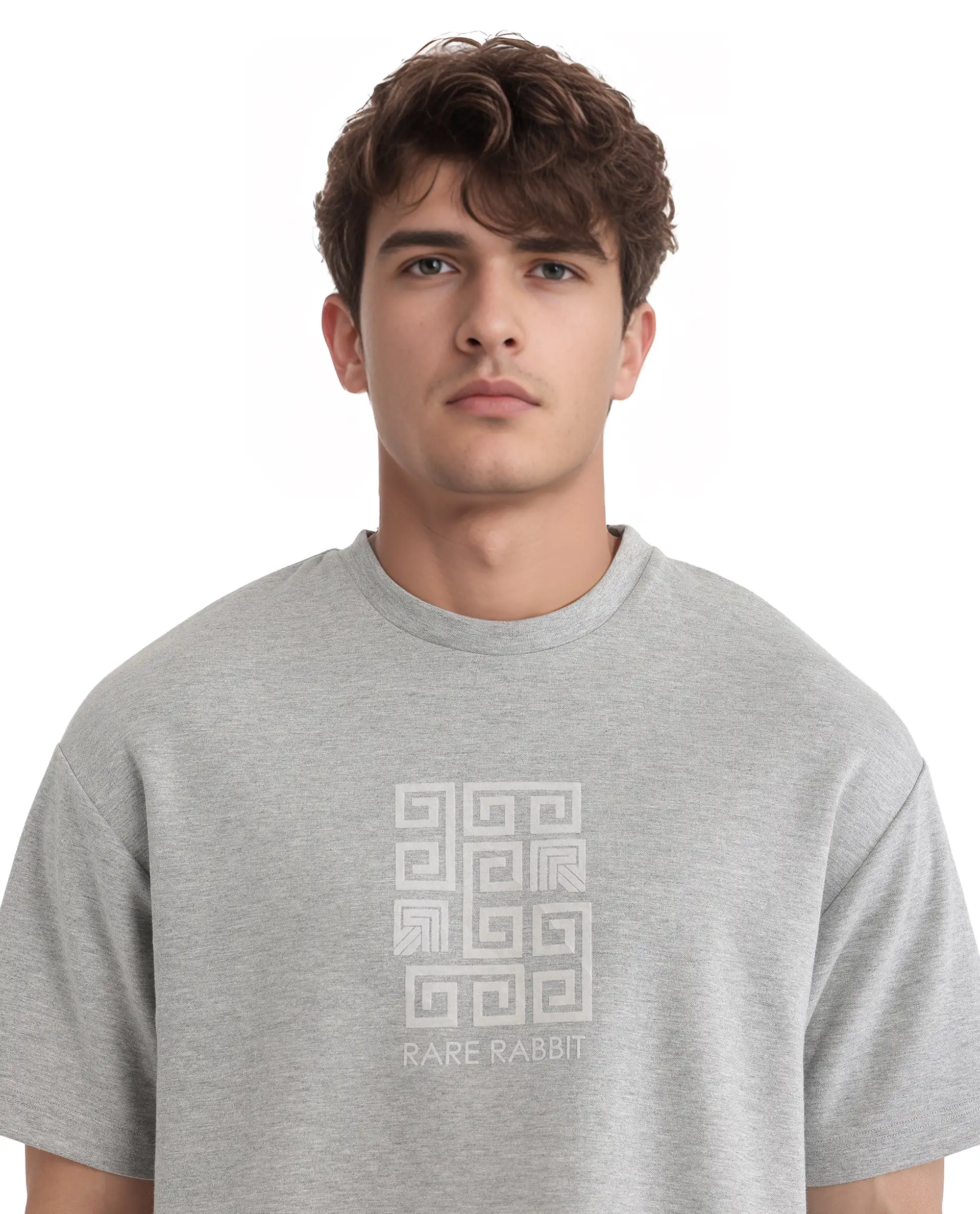 Rare Rabbit Men's Rexo Melange Grey Cotton Blend Graphic Print Oversized Fit Half Sleeve Crew Neck T-Shirt - Image 8