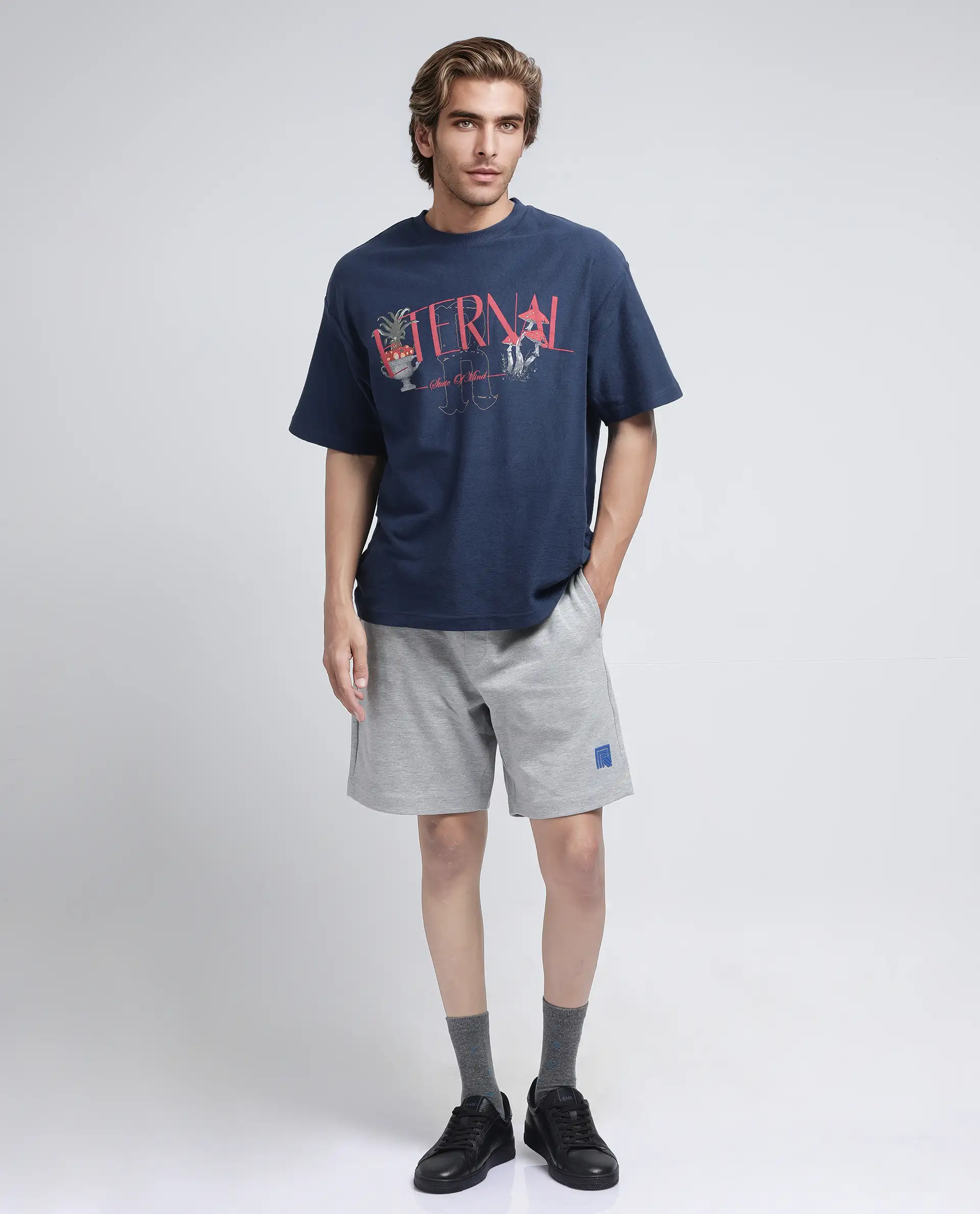 Rare Rabbit Men's Rexon Grey Cotton Blend Plain Relaxed Fit Shorts