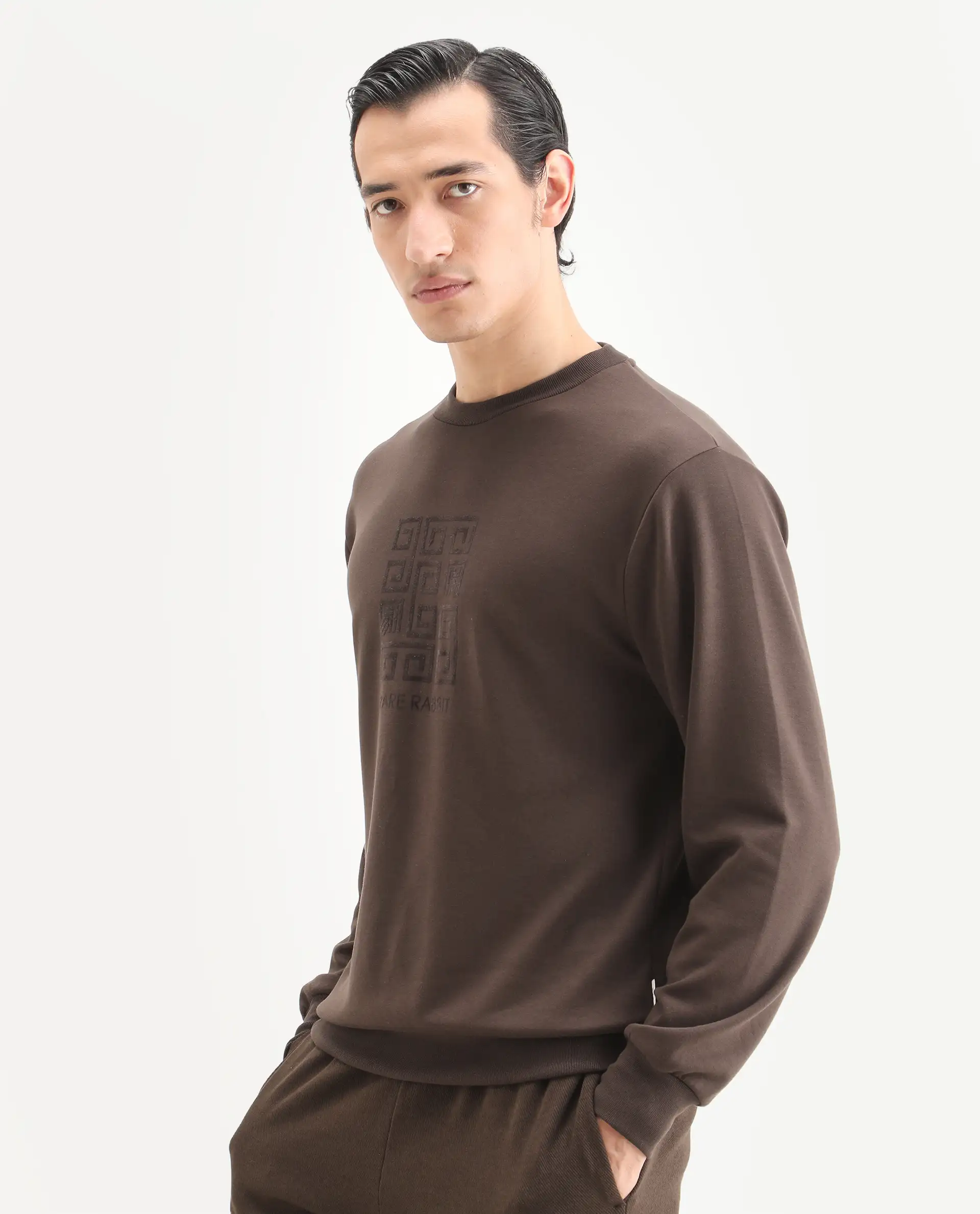 Rare Rabbit Men's Rexot Dusky Brown Modal Blend Typography Print Regular Fit Full Sleeve Crew Neck Sweatshirt - Image 3