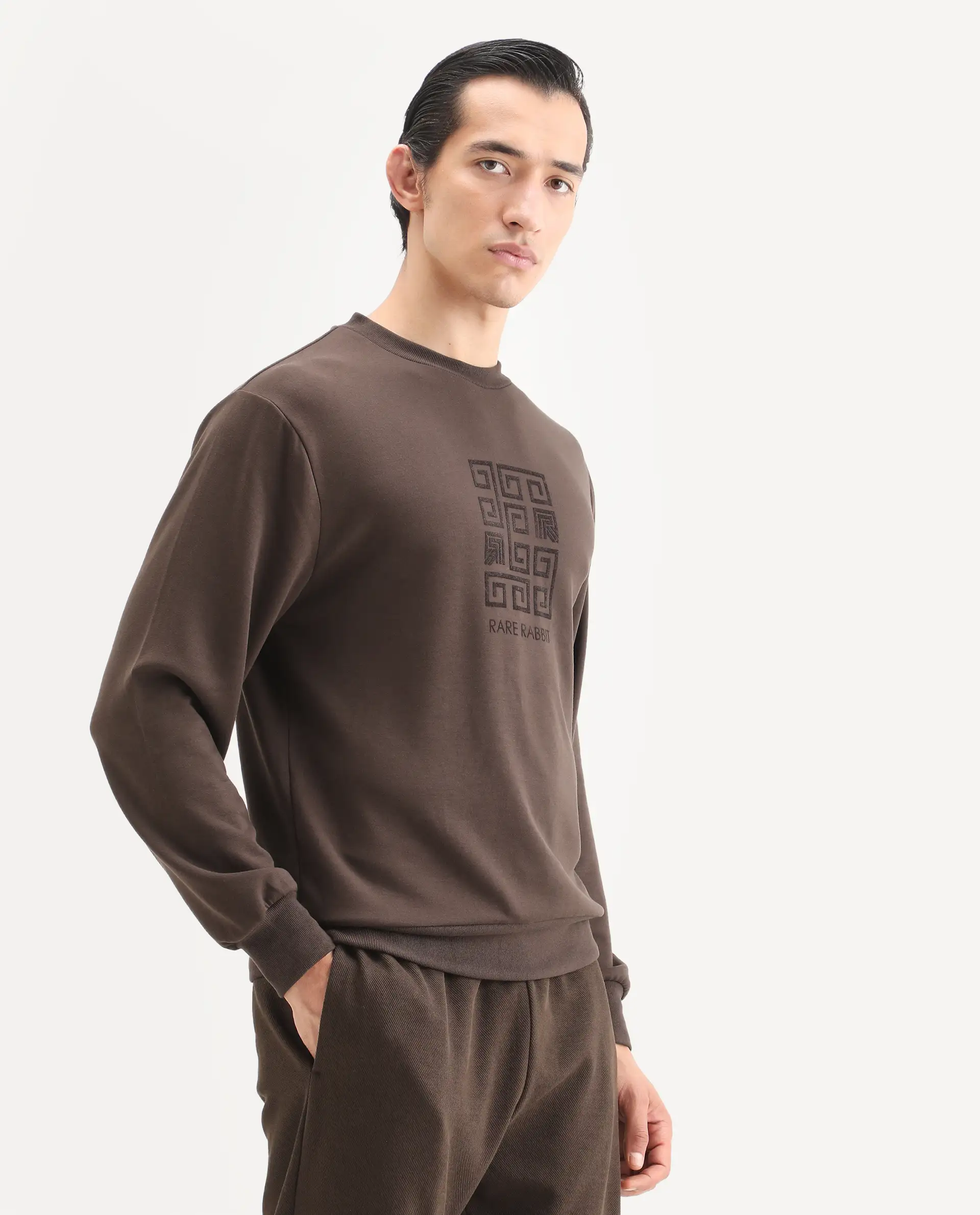 Rare Rabbit Men's Rexot Dusky Brown Modal Blend Typography Print Regular Fit Full Sleeve Crew Neck Sweatshirt - Image 4