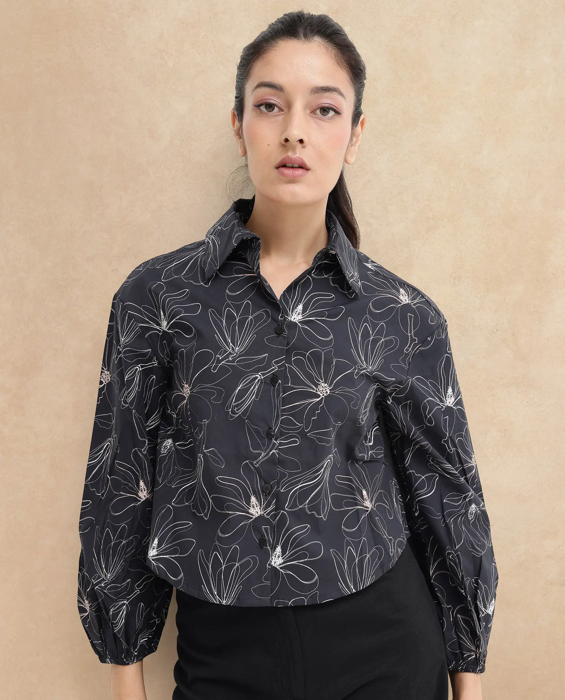 Rareism Women's Reynosa Black Cotton Johnny Collar Floral Print Bishop Sleeve Crop Regular Fit Top