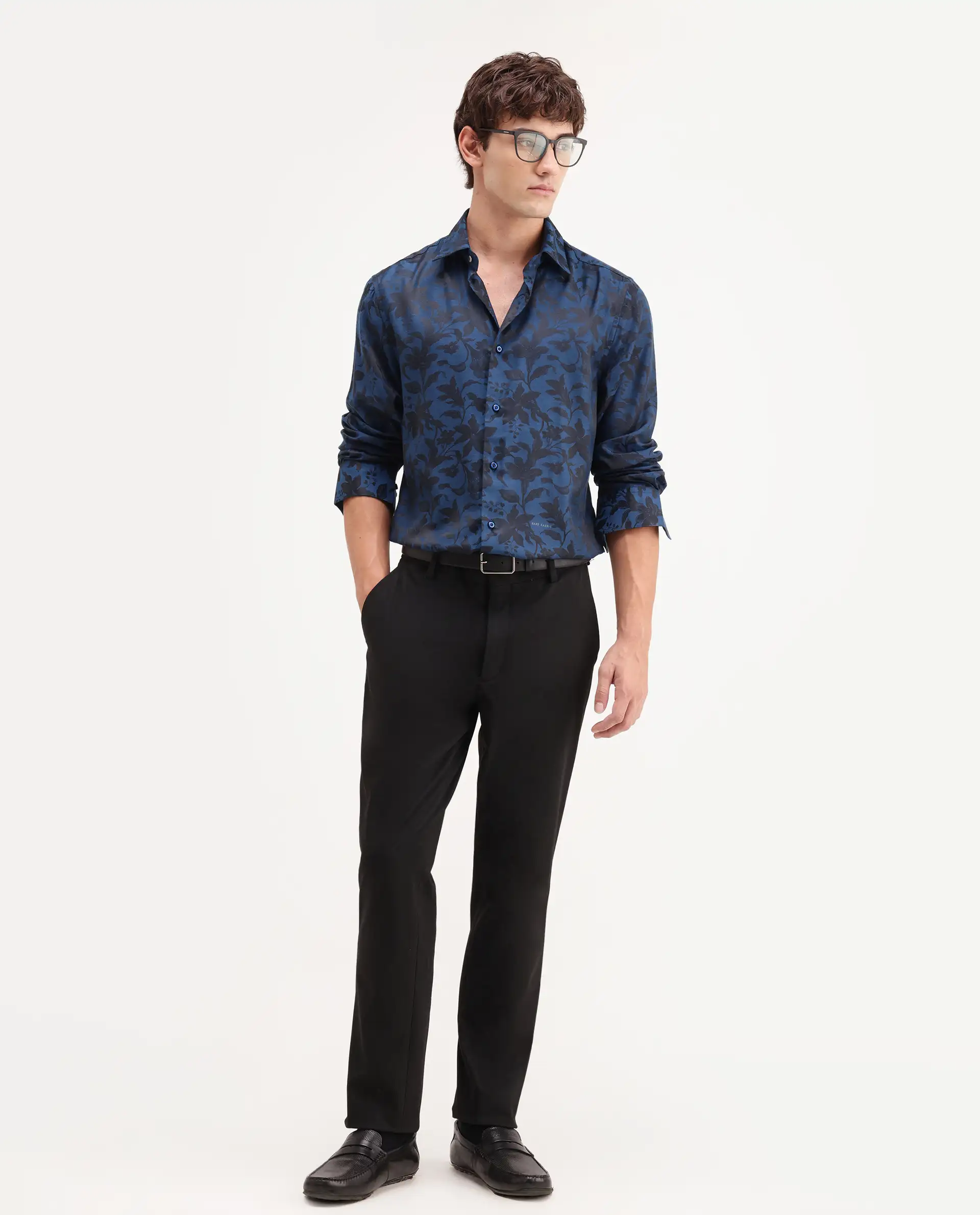 Rare Rabbit Men's Rezo Dark Blue Polyester Blend Spread Collar Button Regular Floral Print Print Shirt - Image 2