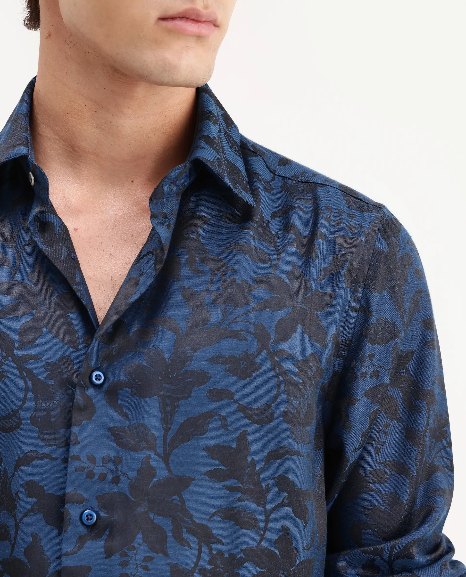Rare Rabbit Men's Rezo Dark Blue Polyester Blend Spread Collar Button Regular Floral Print Print Shirt - Image 3