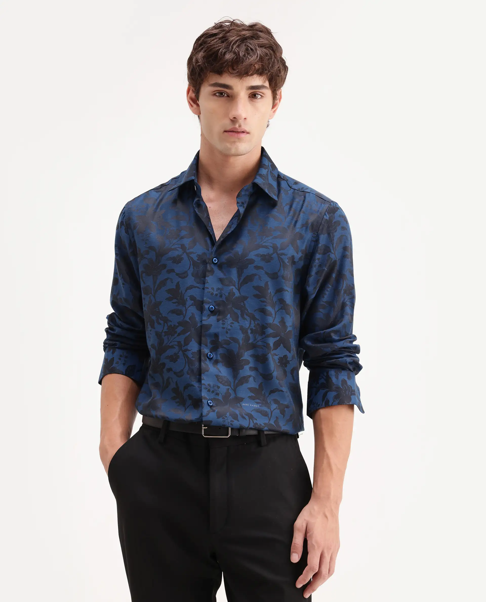 Rare Rabbit Men's Rezo Dark Blue Polyester Blend Spread Collar Button Regular Floral Print Print Shirt - Image 4