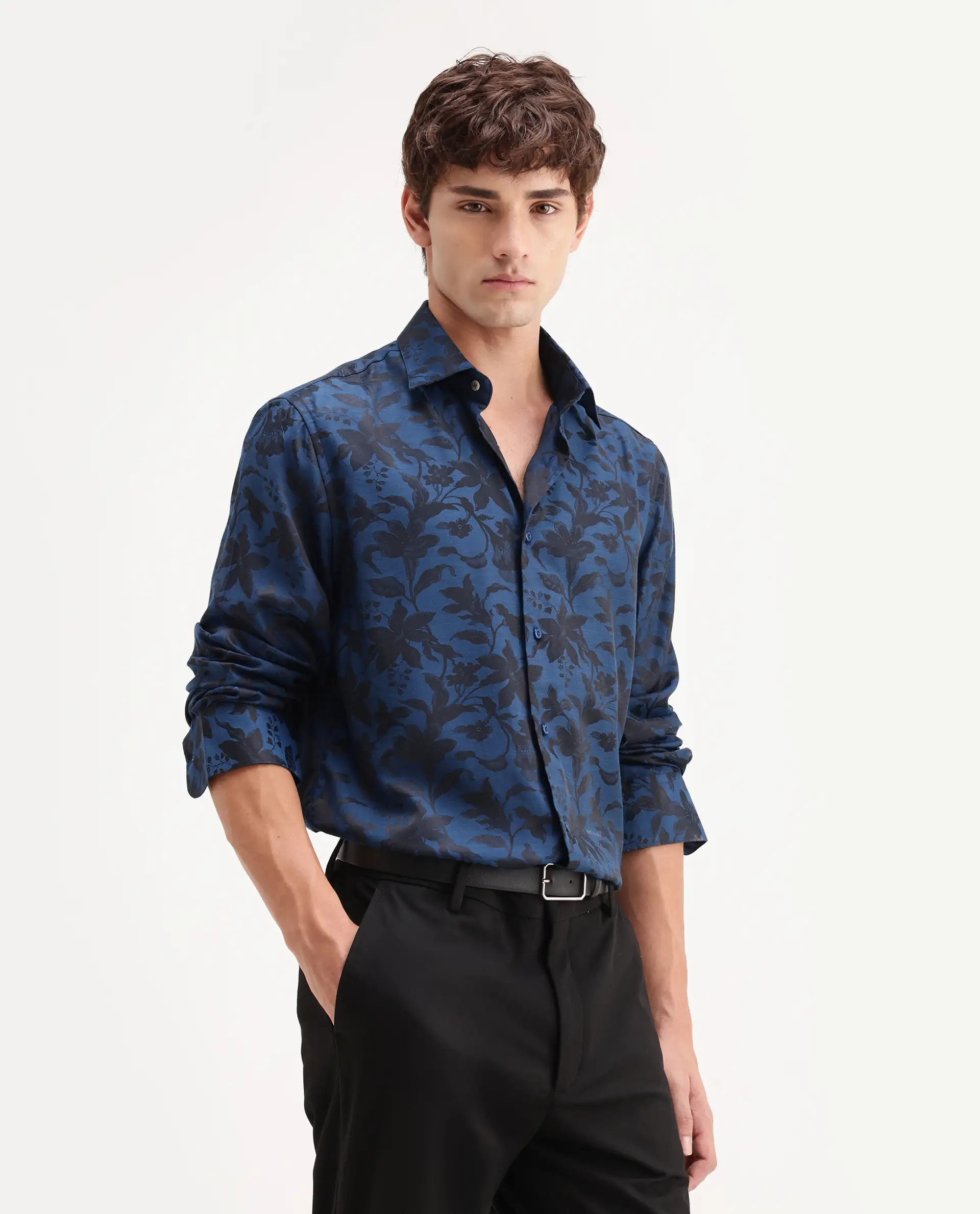 Rare Rabbit Men's Rezo Dark Blue Polyester Blend Spread Collar Button Regular Floral Print Print Shirt - Image 6