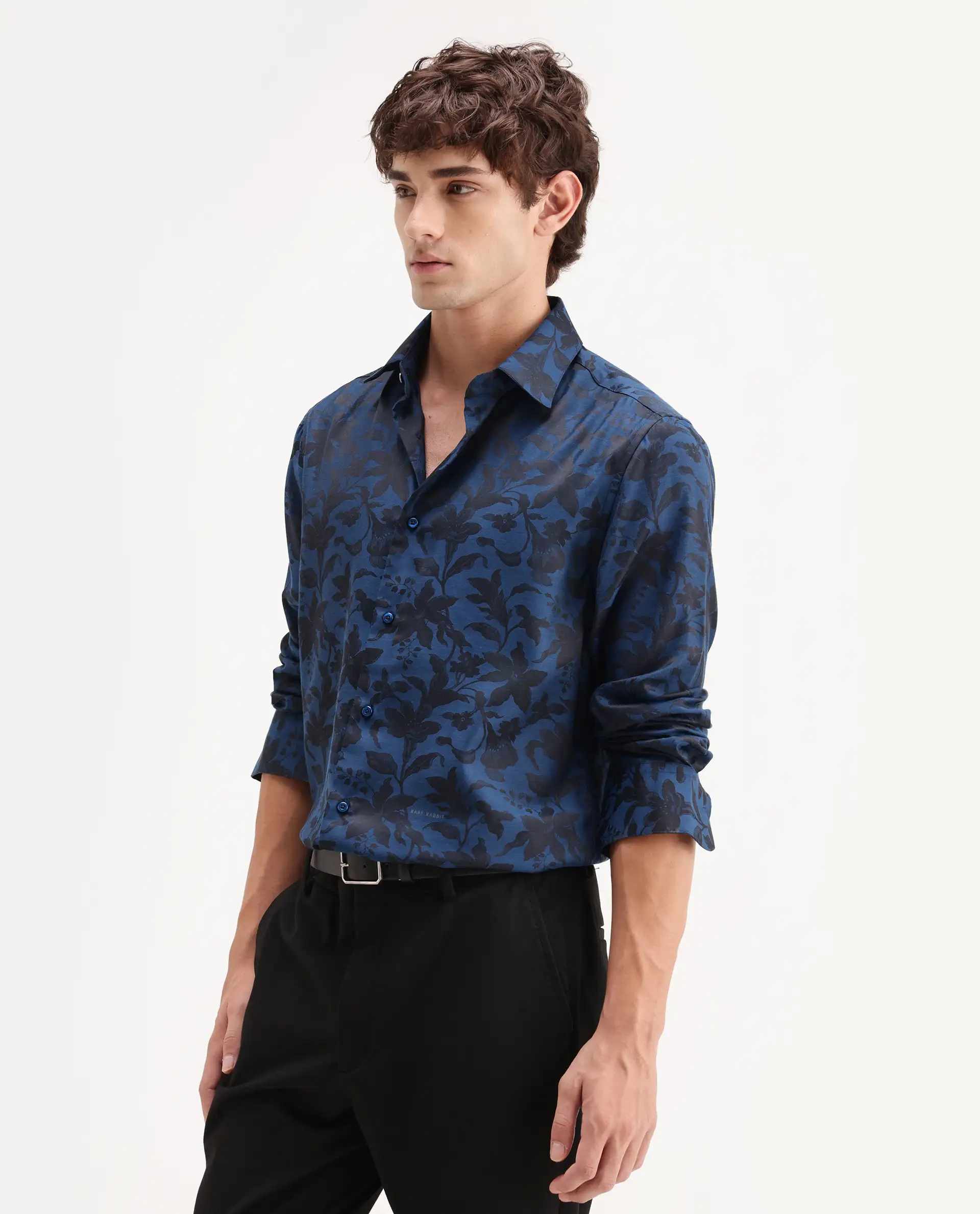 Rare Rabbit Men's Rezo Dark Blue Polyester Blend Spread Collar Button Regular Floral Print Print Shirt - Image 7