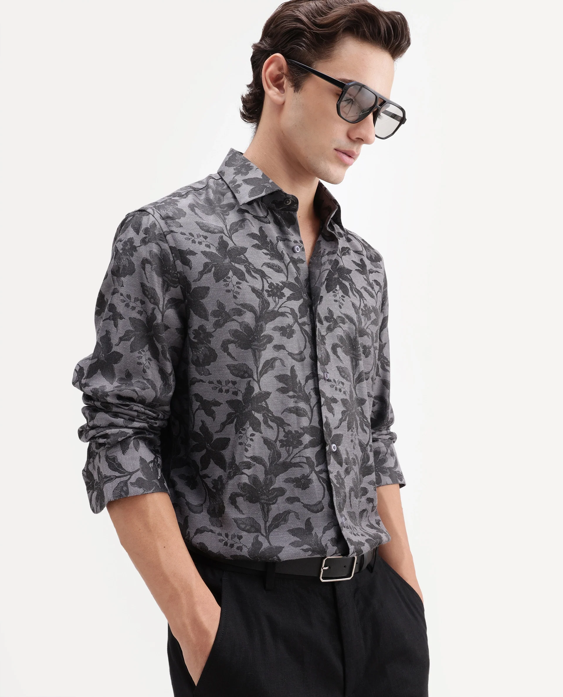 Rare Rabbit Men's Rezo Dark Grey Polyester Blend Spread Collar Button Regular Floral Print Print Shirt