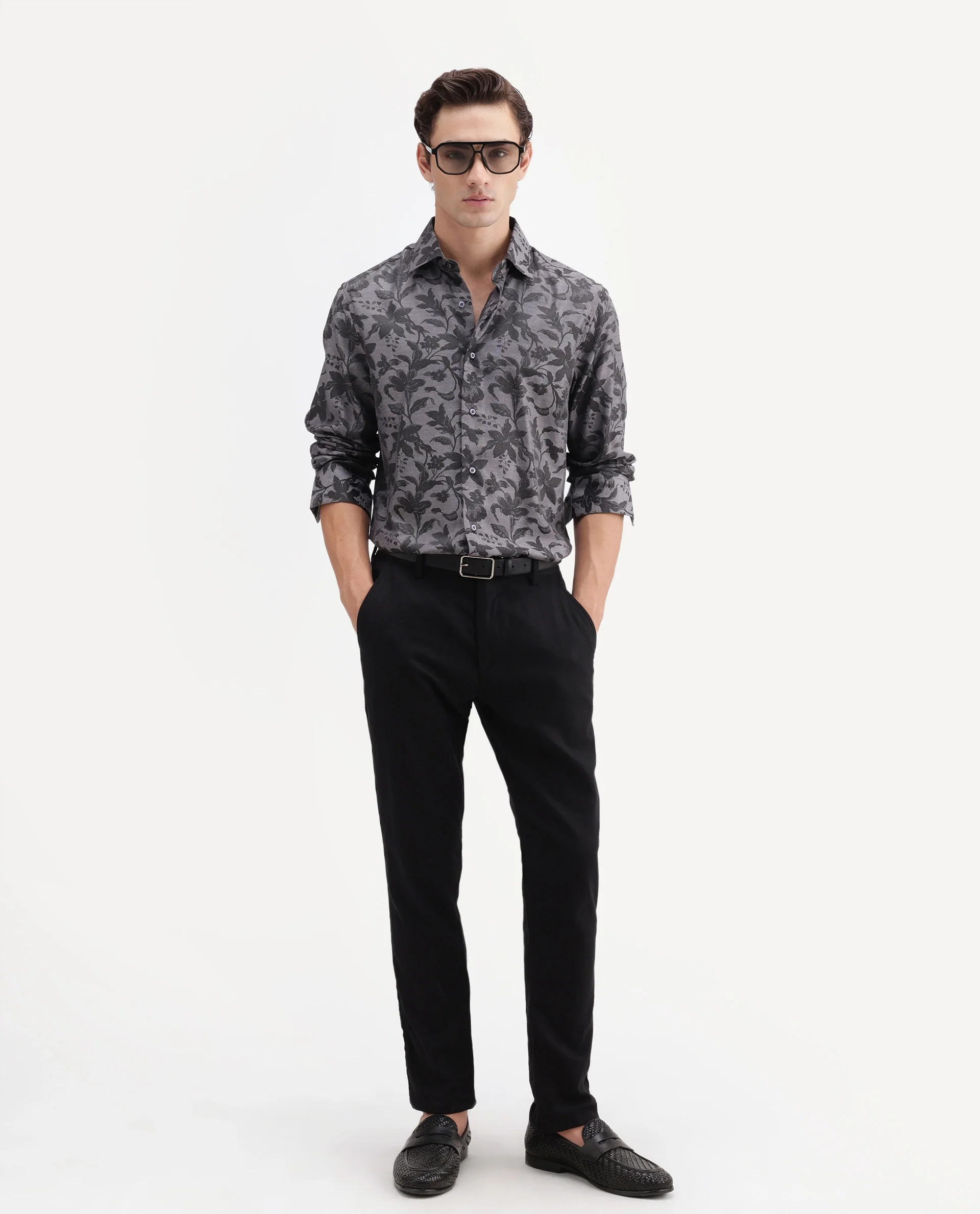 Rare Rabbit Men's Rezo Dark Grey Polyester Blend Spread Collar Button Regular Floral Print Print Shirt - Image 2