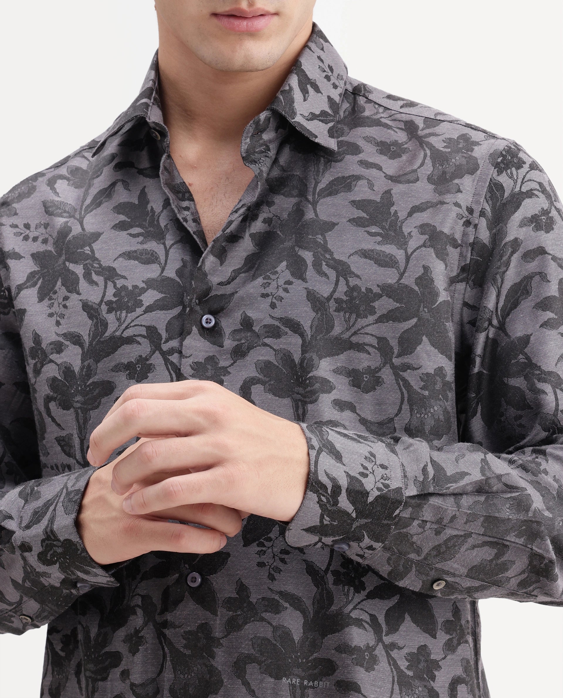 Rare Rabbit Men's Rezo Dark Grey Polyester Blend Spread Collar Button Regular Floral Print Print Shirt - Image 3
