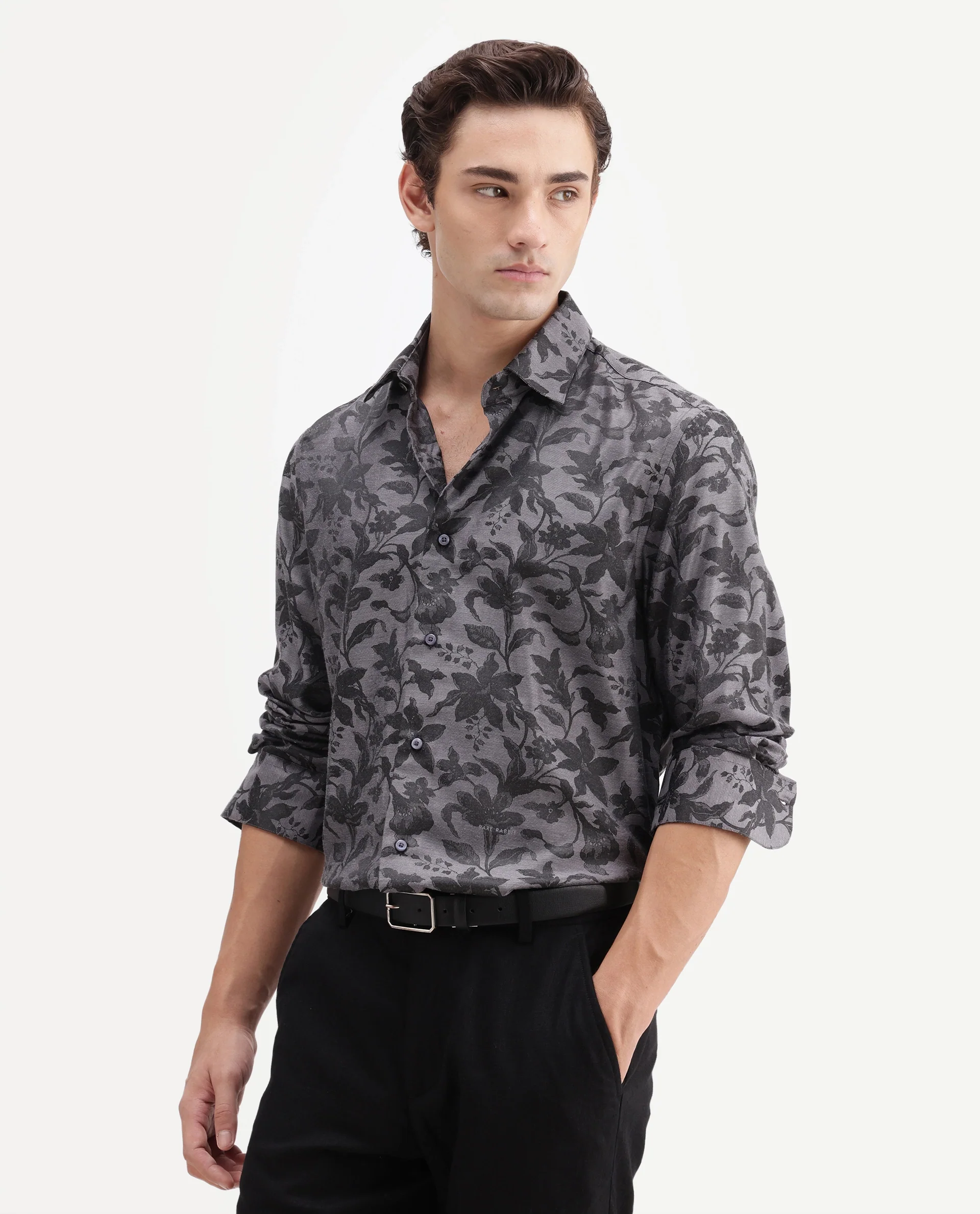 Rare Rabbit Men's Rezo Dark Grey Polyester Blend Spread Collar Button Regular Floral Print Print Shirt - Image 4