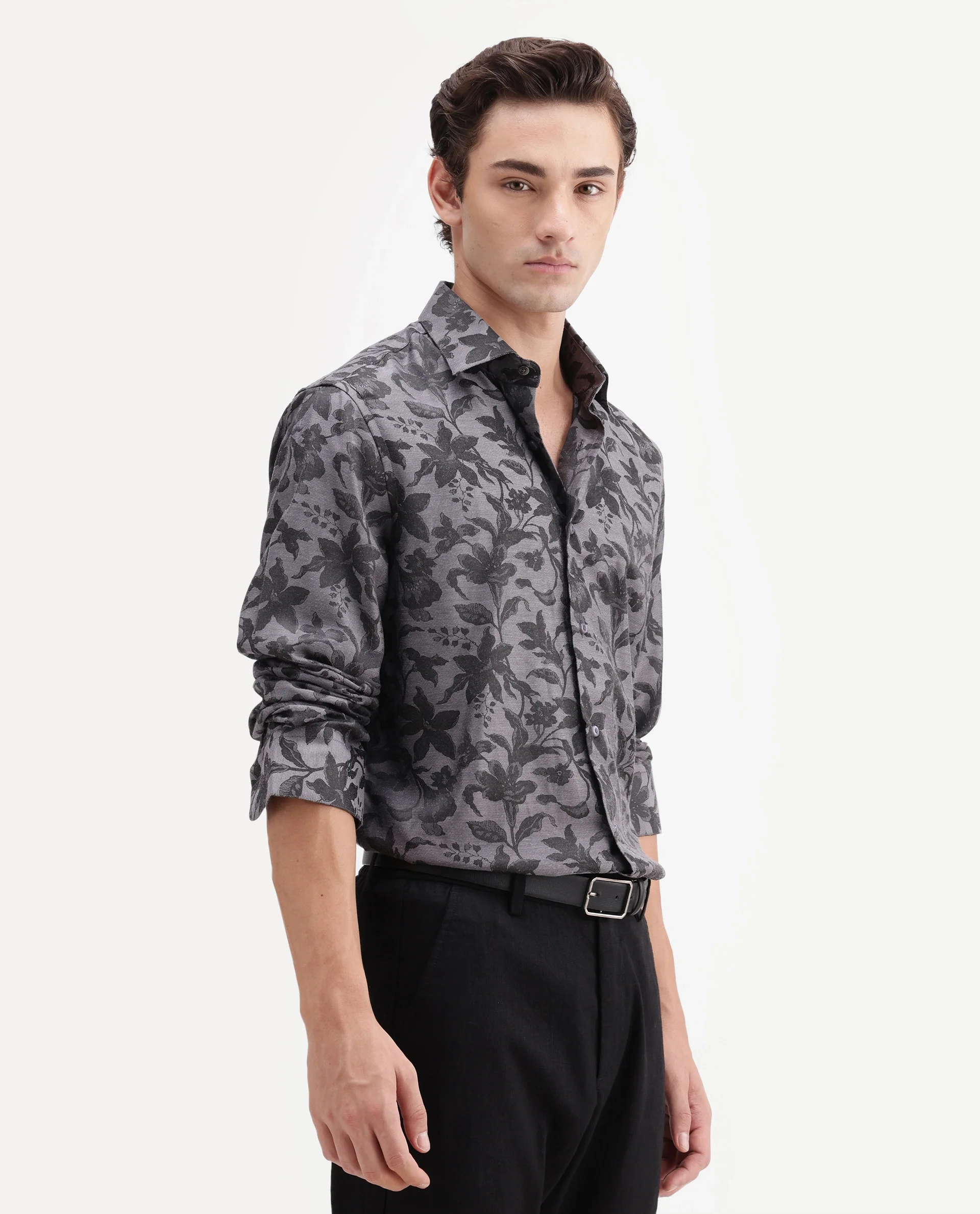 Rare Rabbit Men's Rezo Dark Grey Polyester Blend Spread Collar Button Regular Floral Print Print Shirt - Image 5