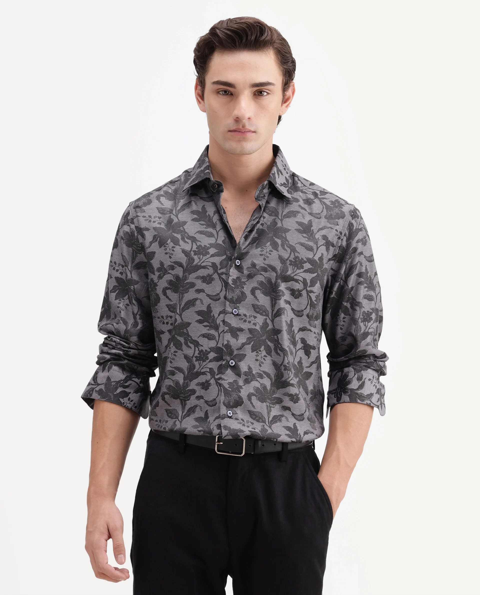 Rare Rabbit Men's Rezo Dark Grey Polyester Blend Spread Collar Button Regular Floral Print Print Shirt - Image 6