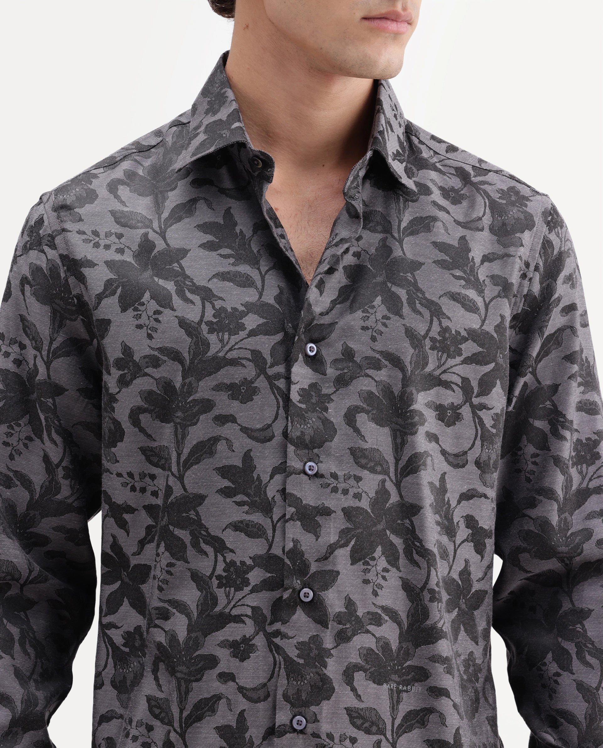 Rare Rabbit Men's Rezo Dark Grey Polyester Blend Spread Collar Button Regular Floral Print Print Shirt - Image 7