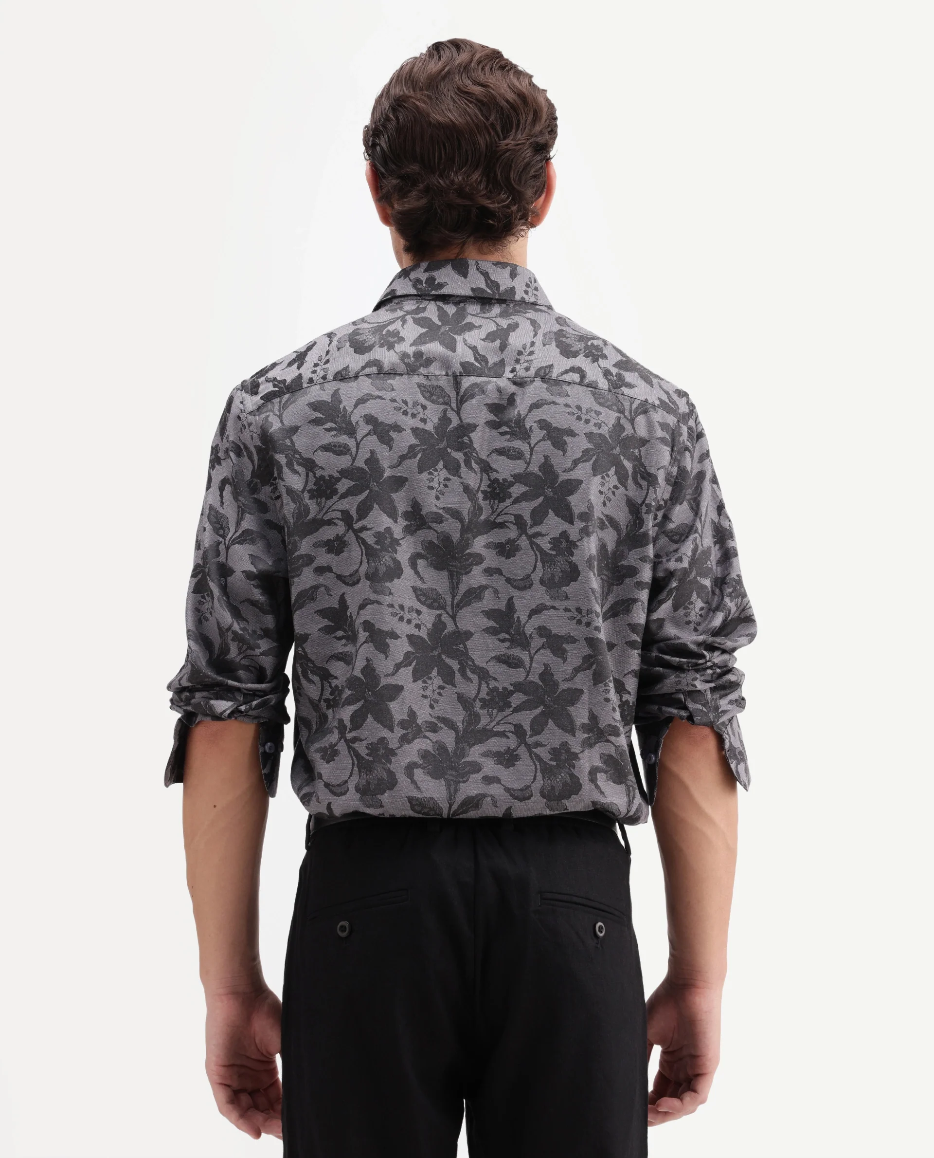 Rare Rabbit Men's Rezo Dark Grey Polyester Blend Spread Collar Button Regular Floral Print Print Shirt - Image 8