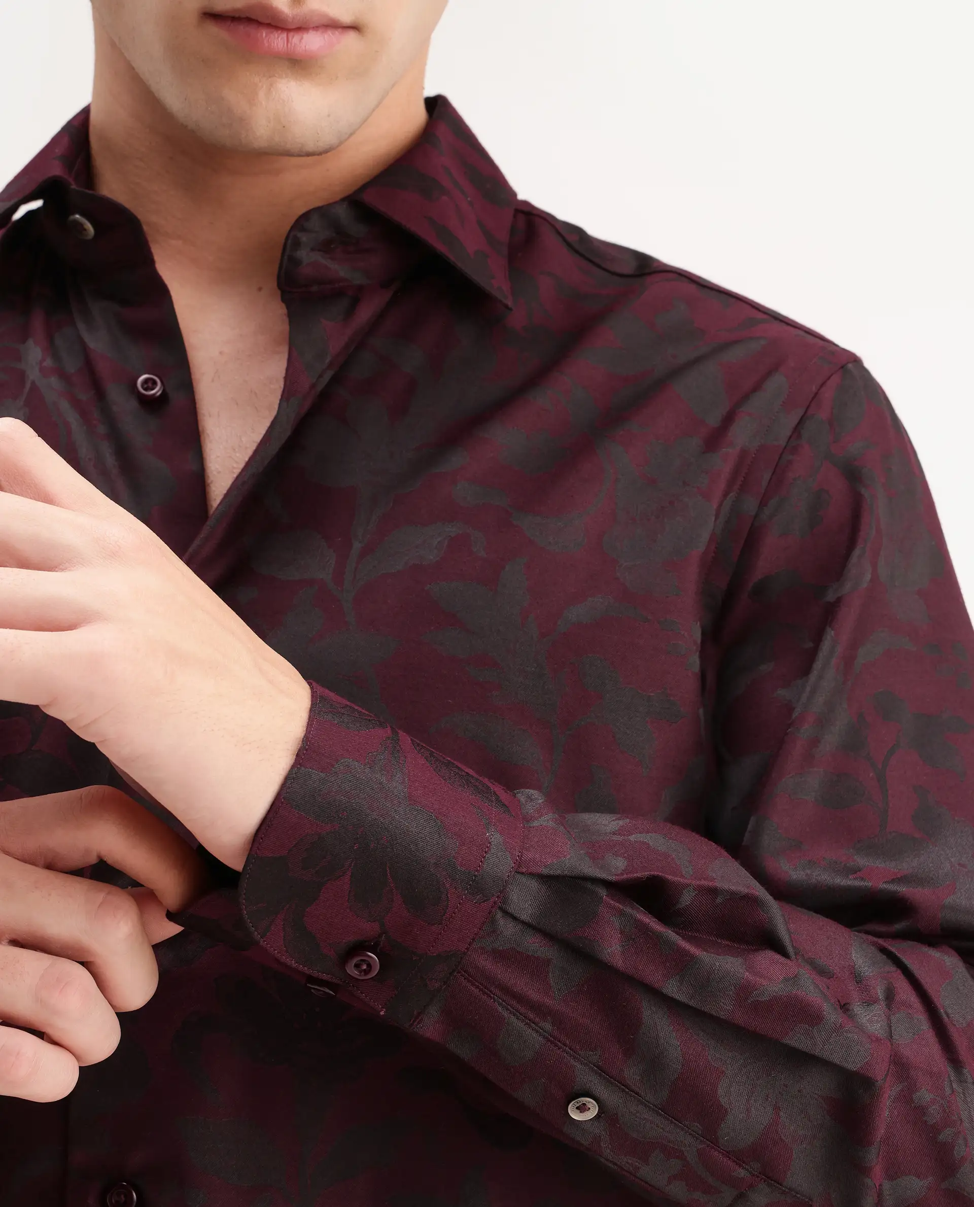 Rare Rabbit Men's Rezo Maroon Polyester Blend Spread Collar Button Regular Floral Print Print Shirt - Image 3