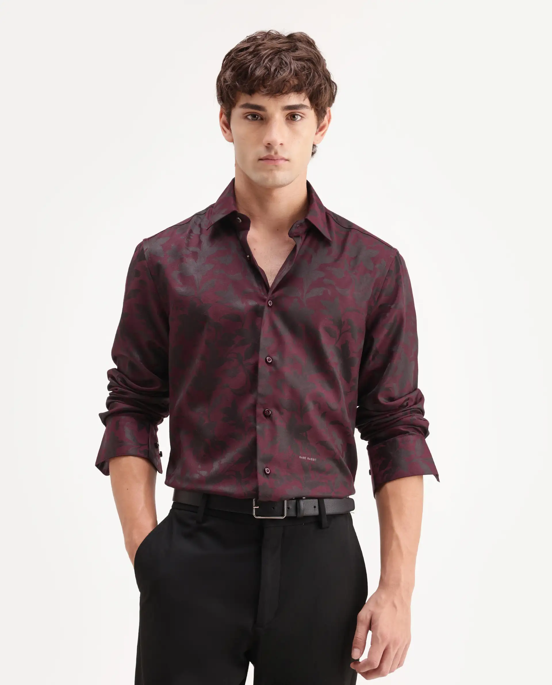 Rare Rabbit Men's Rezo Maroon Polyester Blend Spread Collar Button Regular Floral Print Print Shirt - Image 4