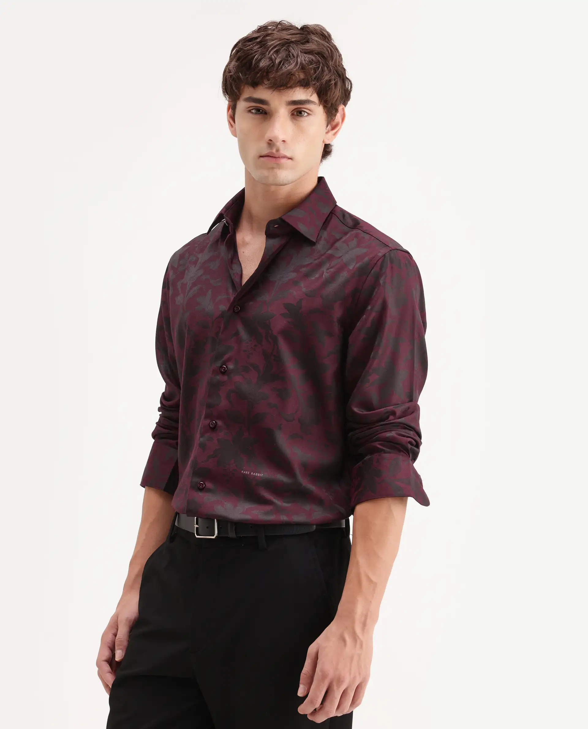 Rare Rabbit Men's Rezo Maroon Polyester Blend Spread Collar Button Regular Floral Print Print Shirt - Image 7