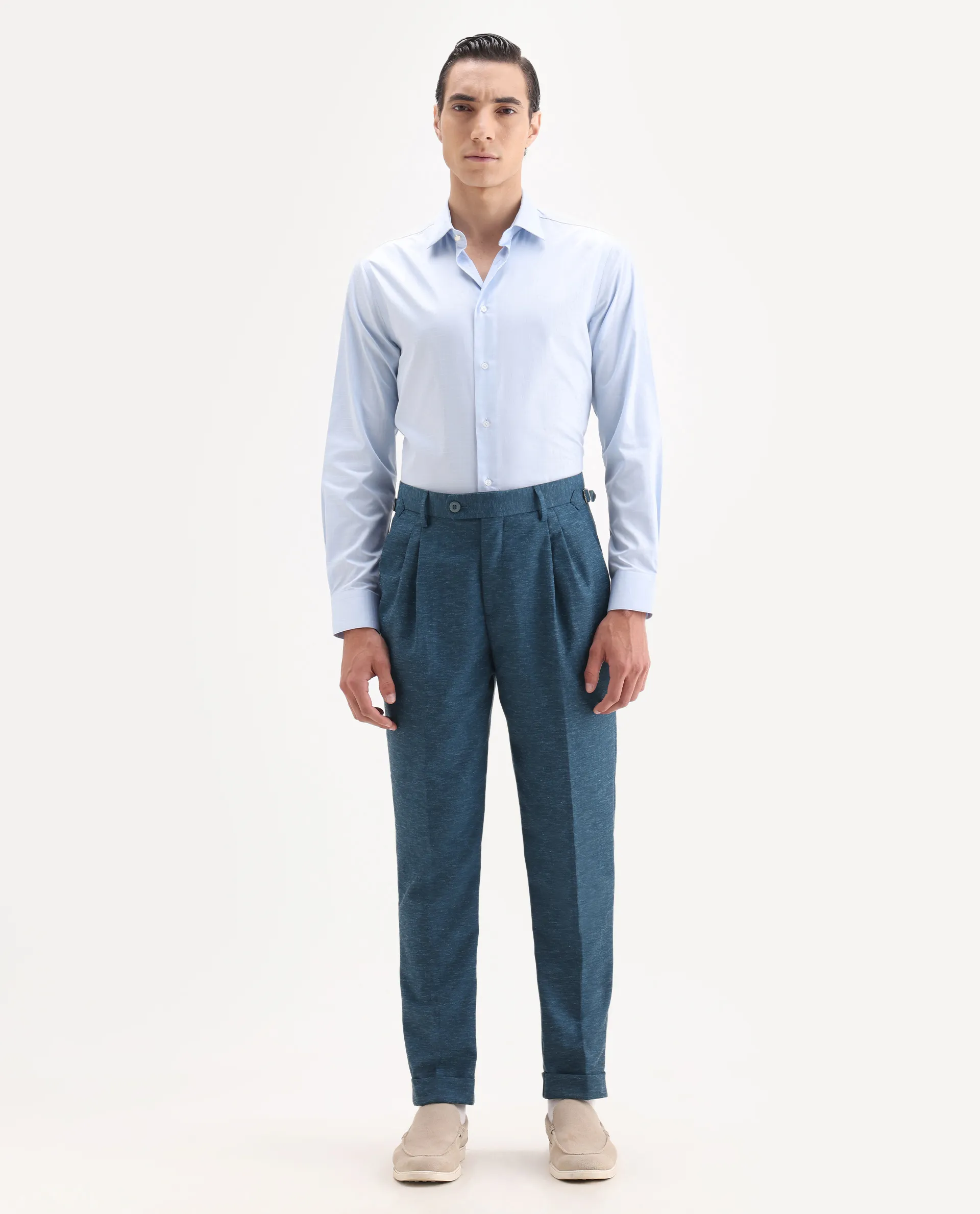 Rare Rabbit Men's Rhesa Dark Teal Linen Blend Plain Relaxed Fit Trouser
