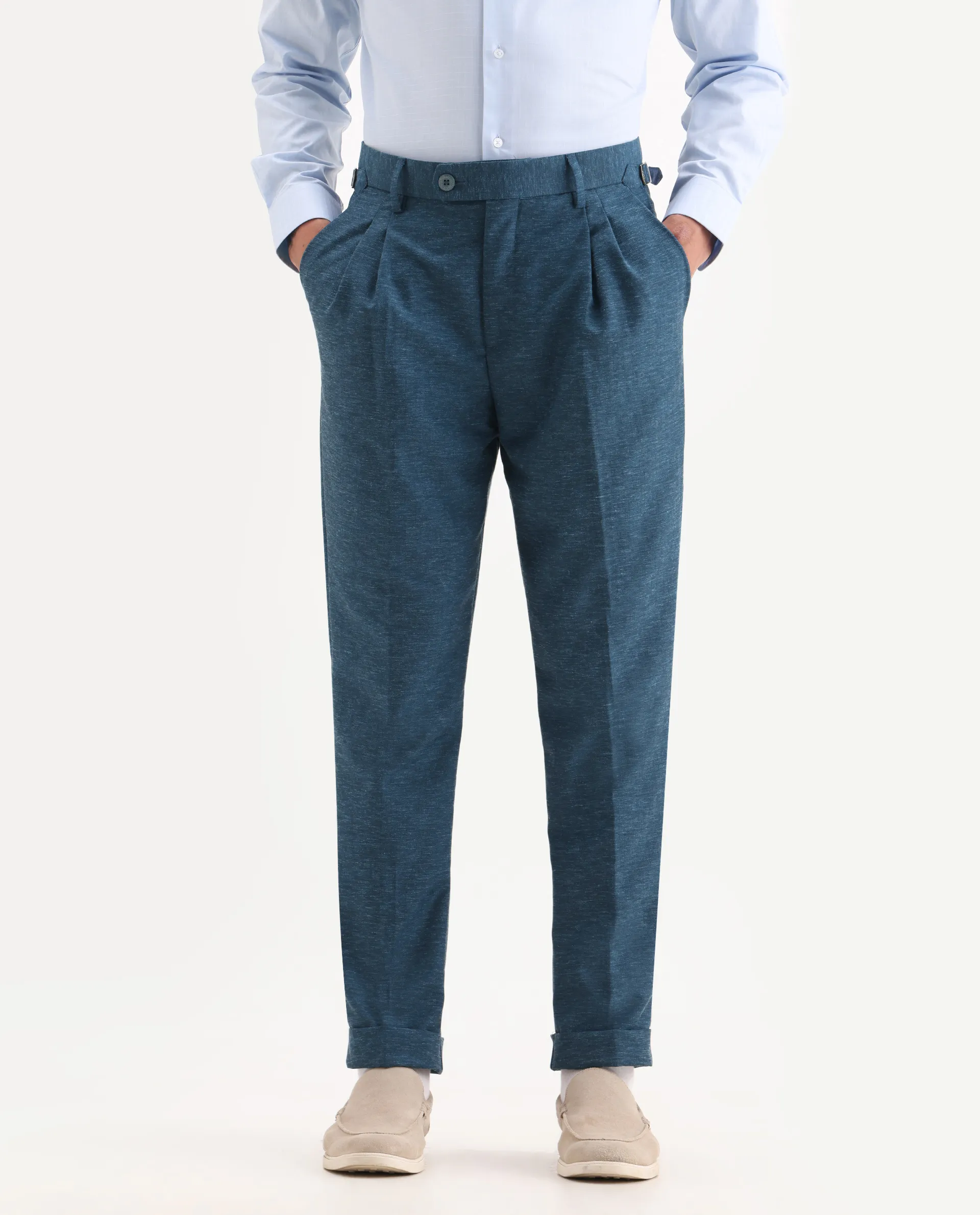 Rare Rabbit Men's Rhesa Dark Teal Linen Blend Plain Relaxed Fit Trouser - Image 2