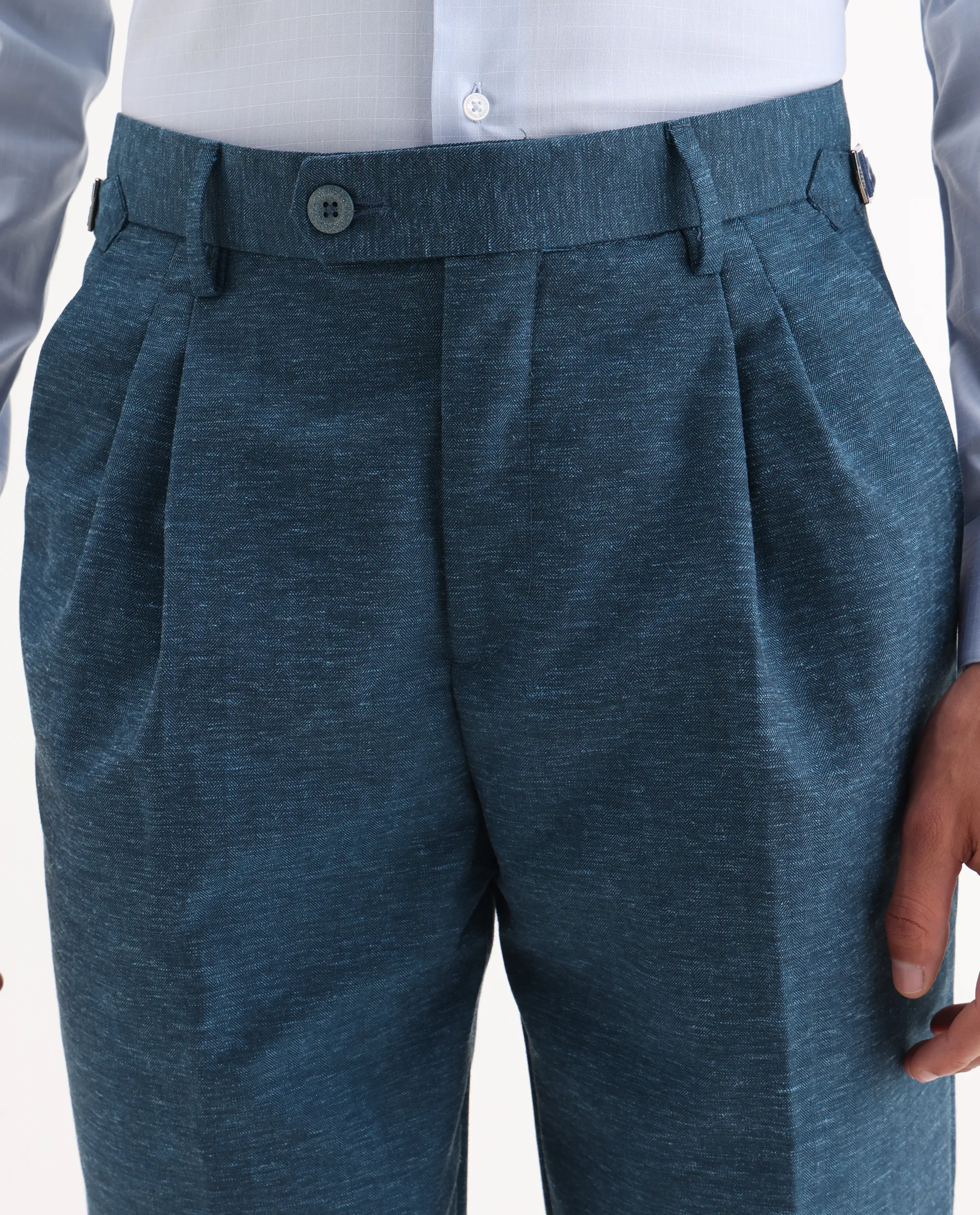 Rare Rabbit Men's Rhesa Dark Teal Linen Blend Plain Relaxed Fit Trouser - Image 3