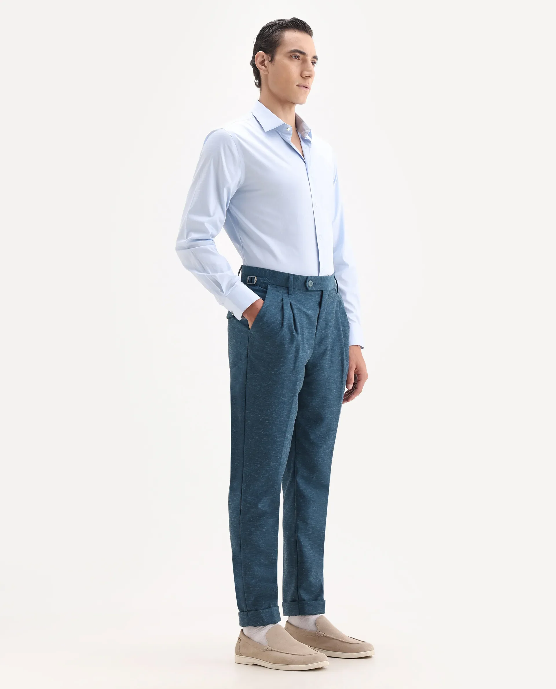 Rare Rabbit Men's Rhesa Dark Teal Linen Blend Plain Relaxed Fit Trouser - Image 4